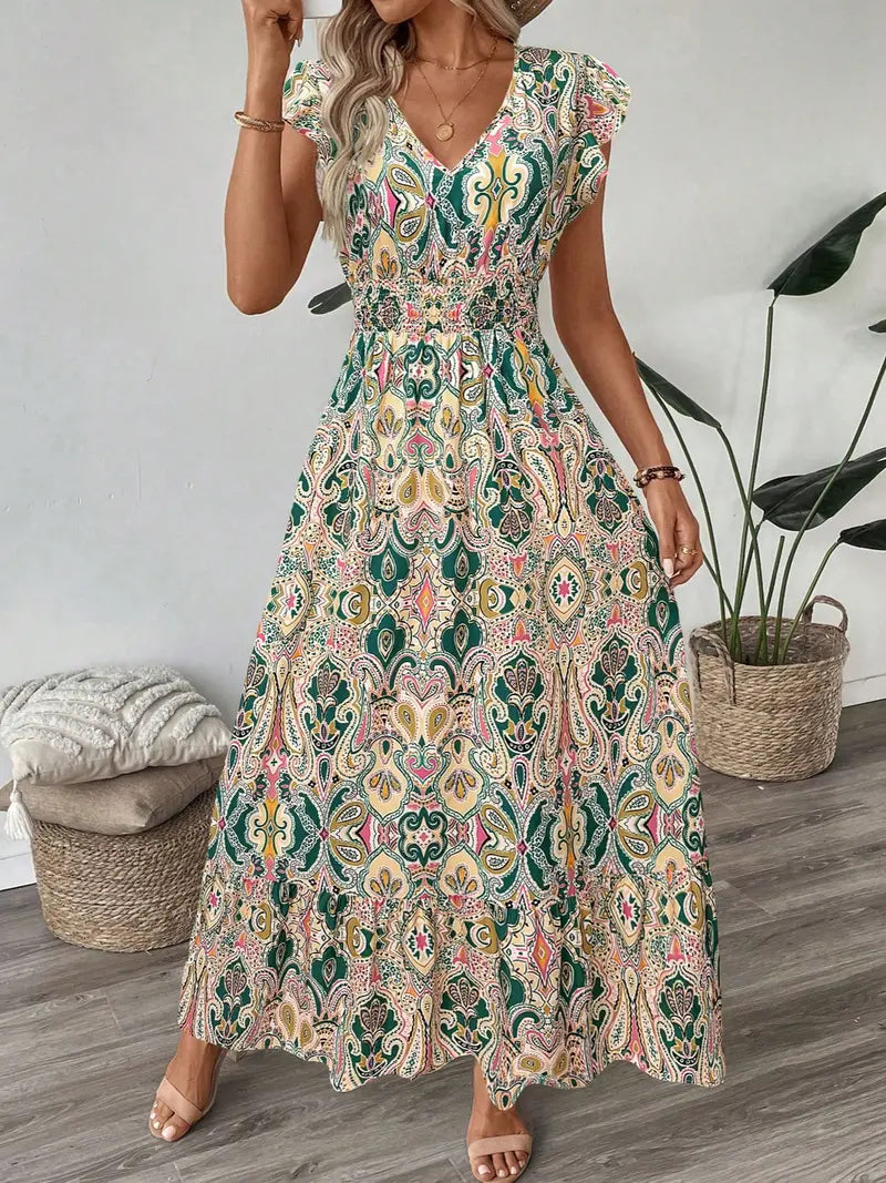 Women's V Neck Ruffle Hem A-Line Dress, Elegant All over Print, Elastic Waist, Moderate Fabric, Casual Vacation Wear