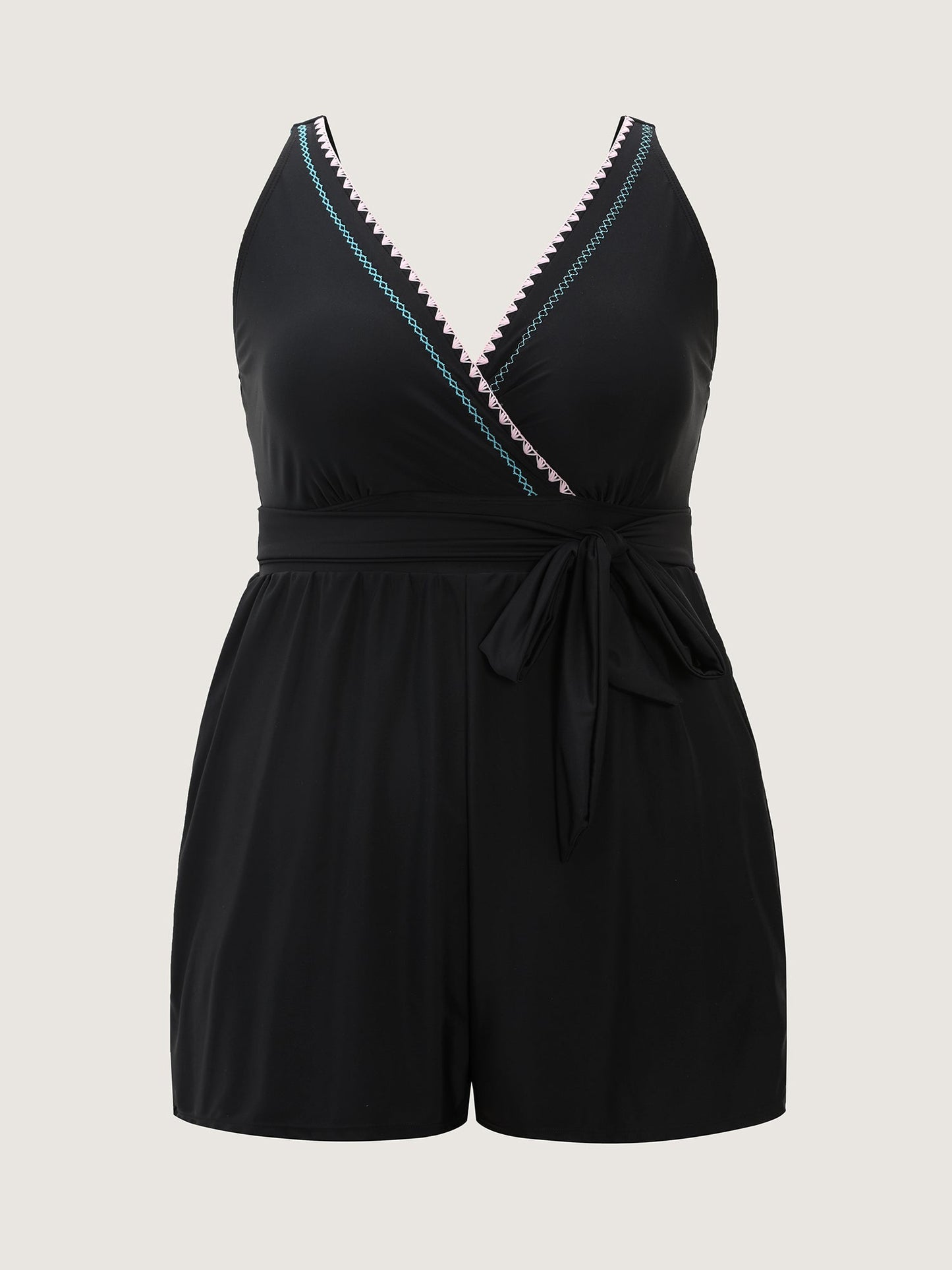 Embroidered Color Contrast Pockets One Piece Swimsuit