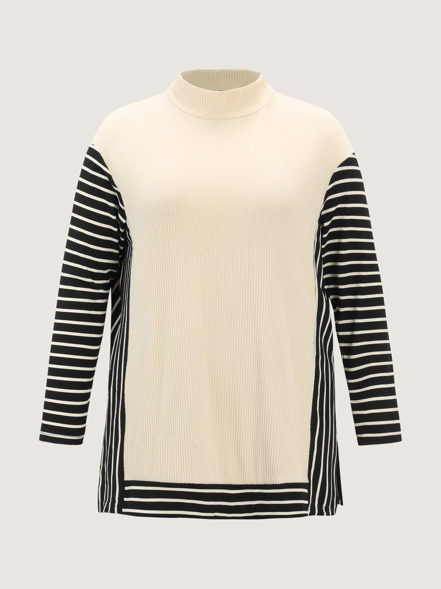 Striped Color Contrast Mockneck T-Shirt