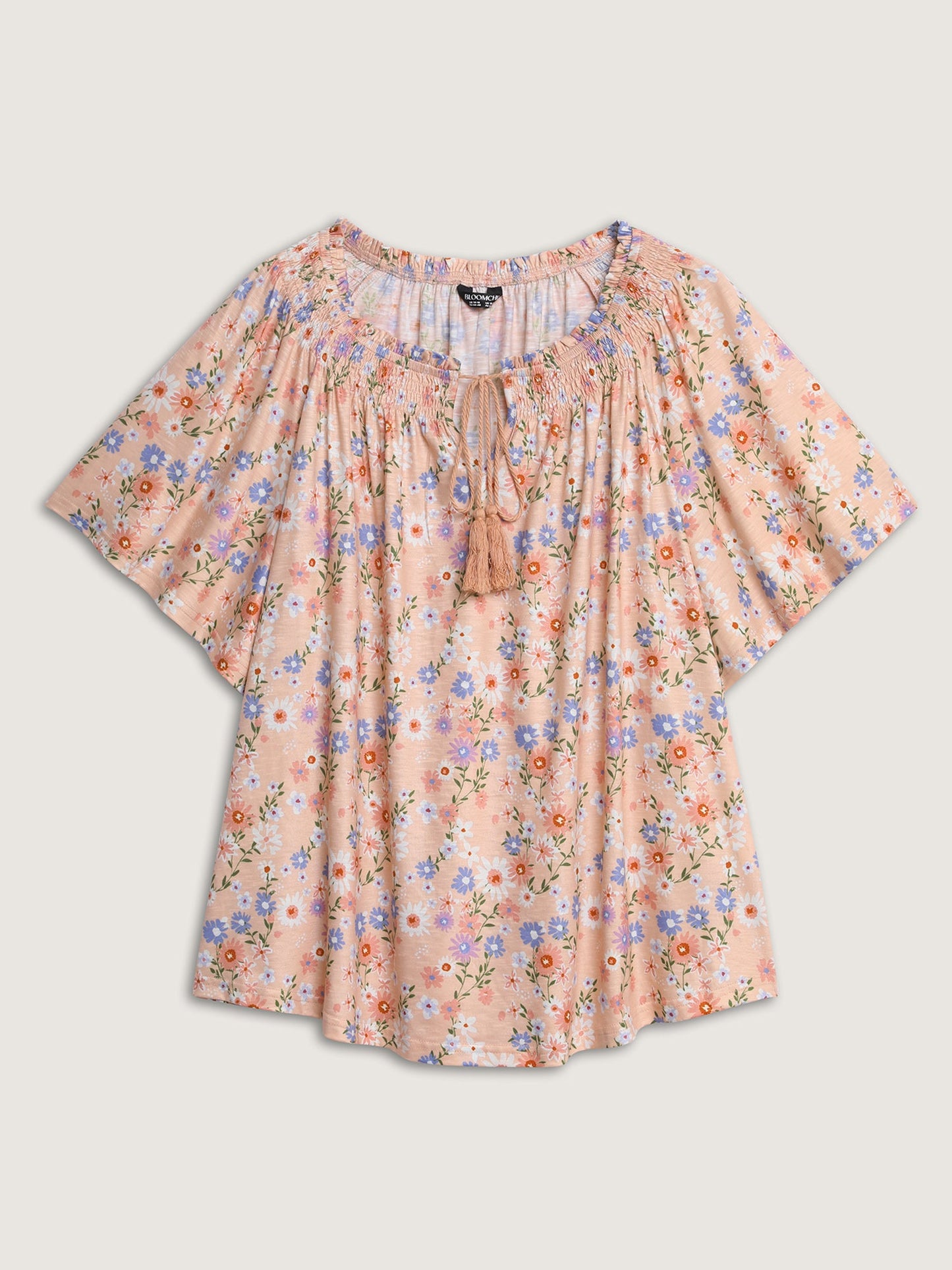 Sweet Floral Print Shirred Drawstring Neckline Top