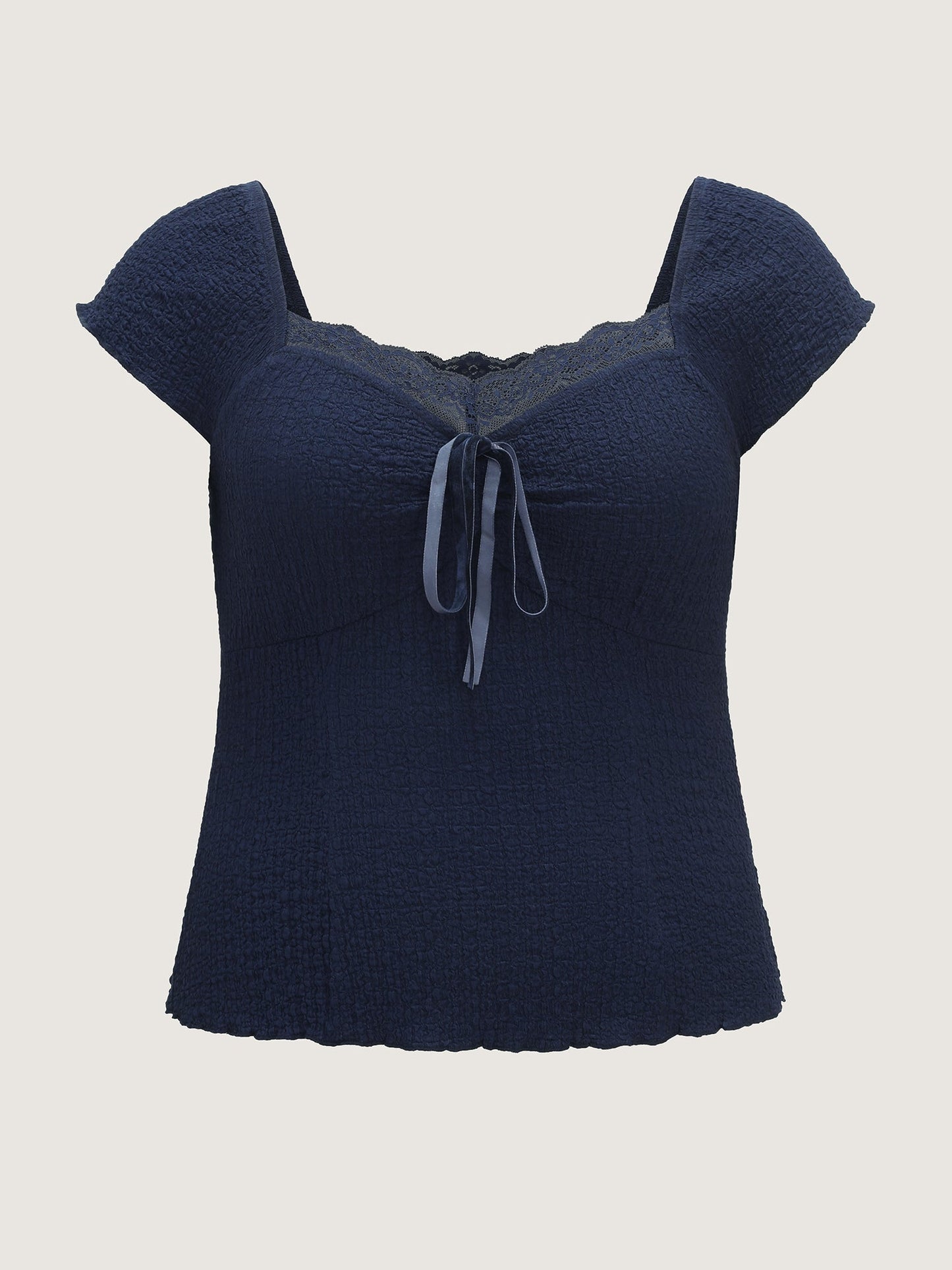Textured Lace Trim Drawstring Fitted Top