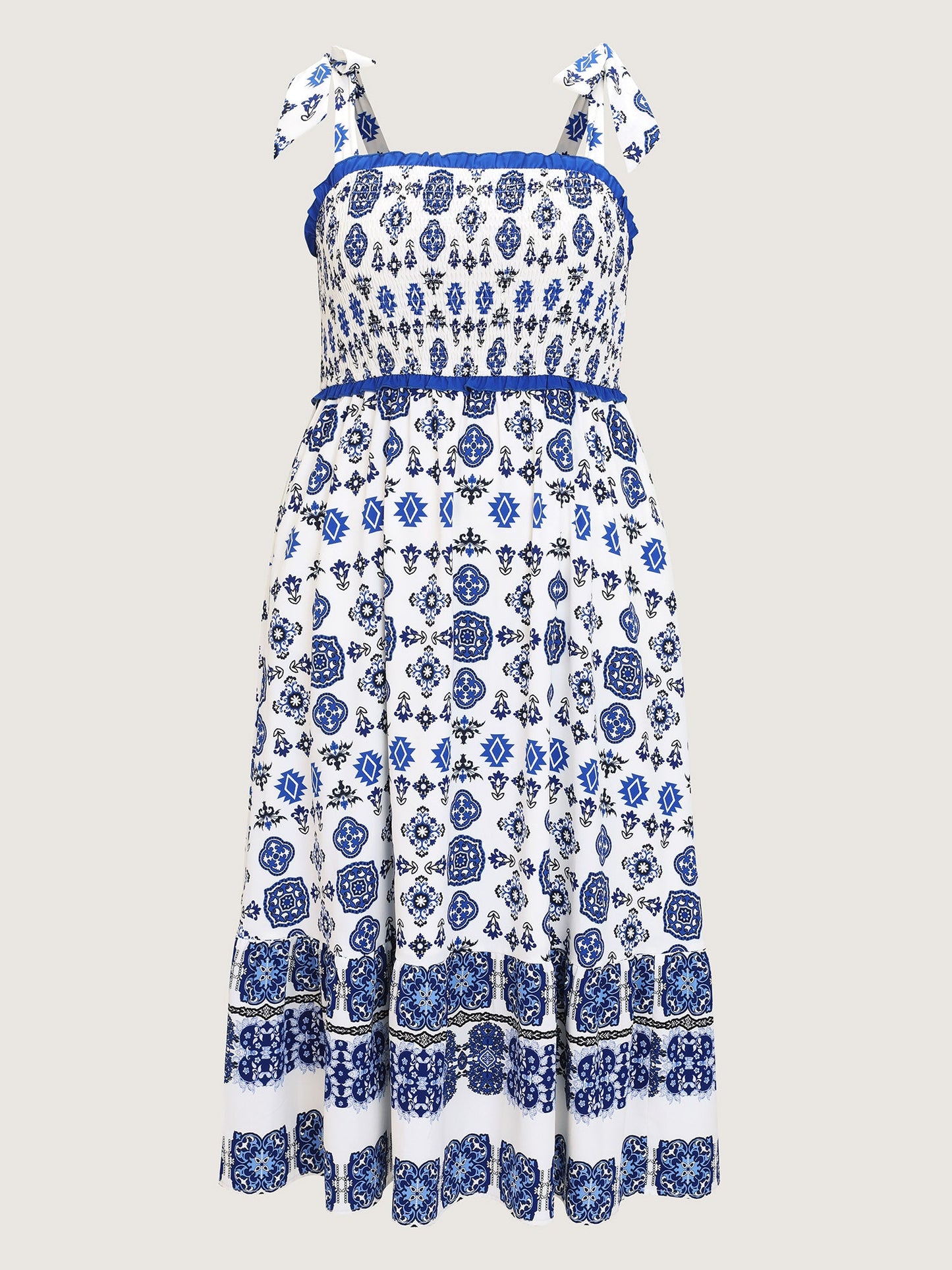 Geometric Boho Print Shoulder-Tie Contrast Maxi Dress