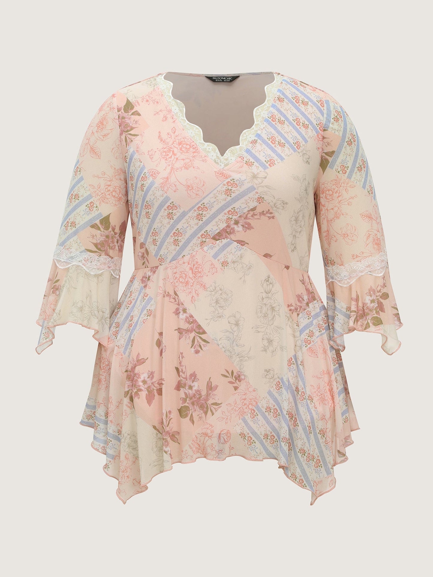 Floral Print Lace Asymmetrical Hem Blouse