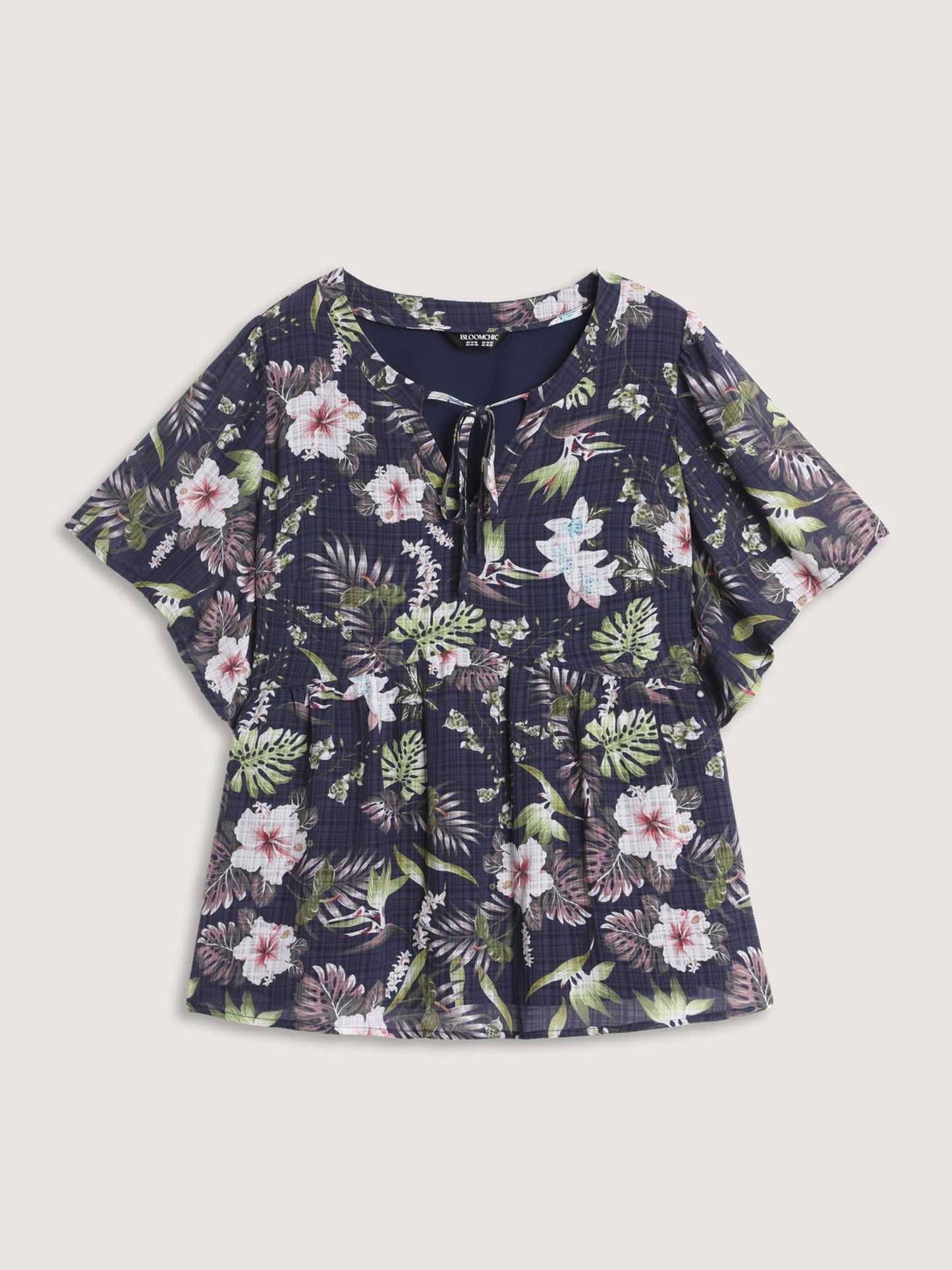 Floral Print Drawstring Split Neckline Blouse