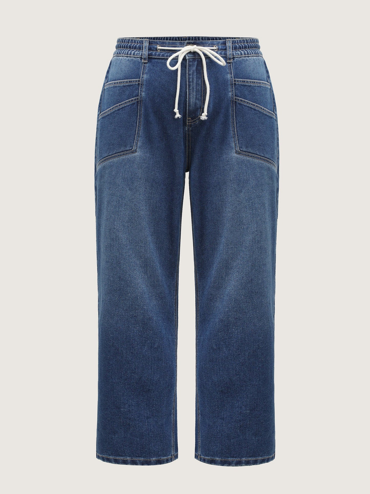 Layered Pockets Elastic Waistband Straight-Leg Jeans