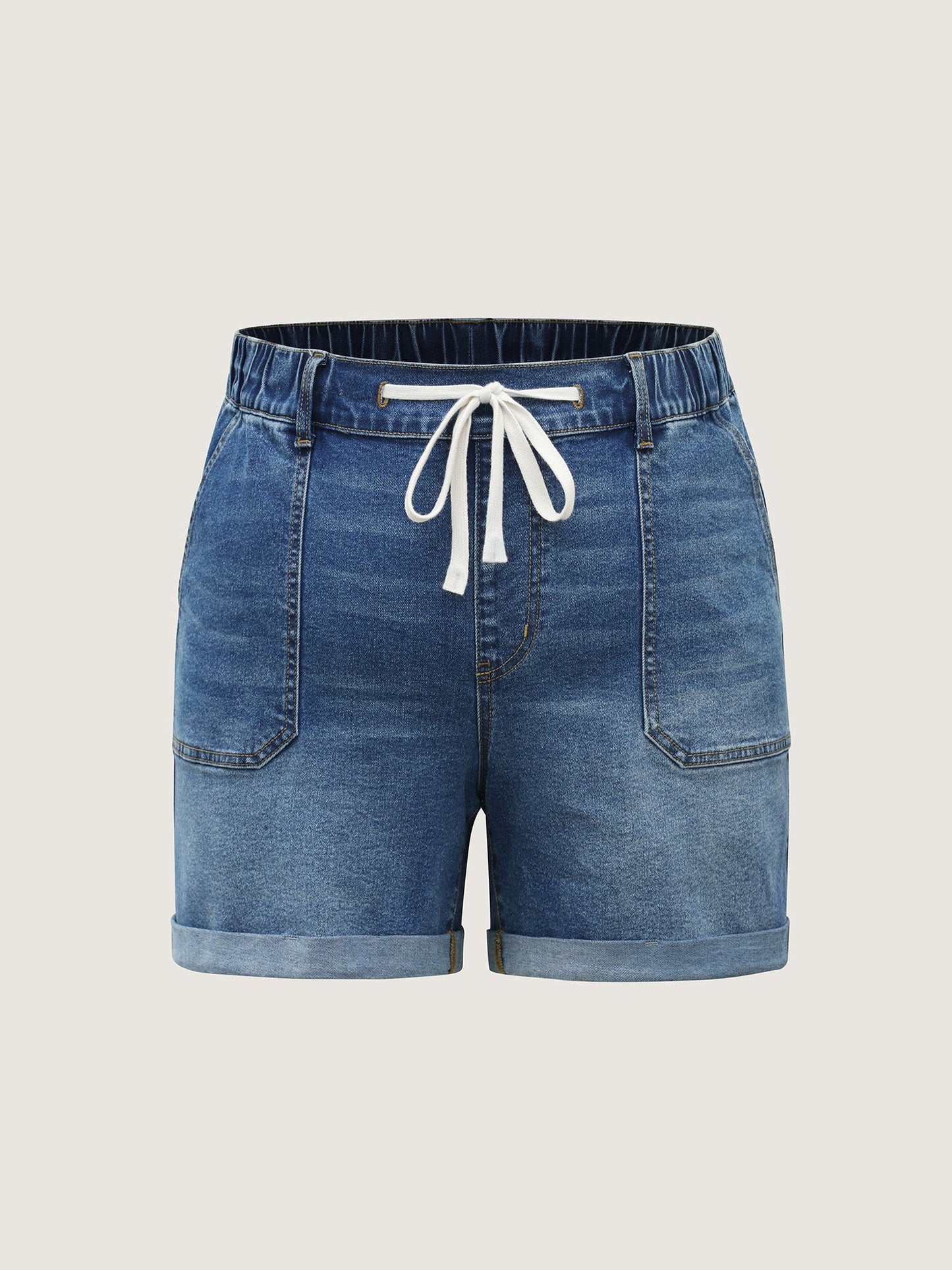 Pull-On Folded Hem High-Rise Denim Shorts