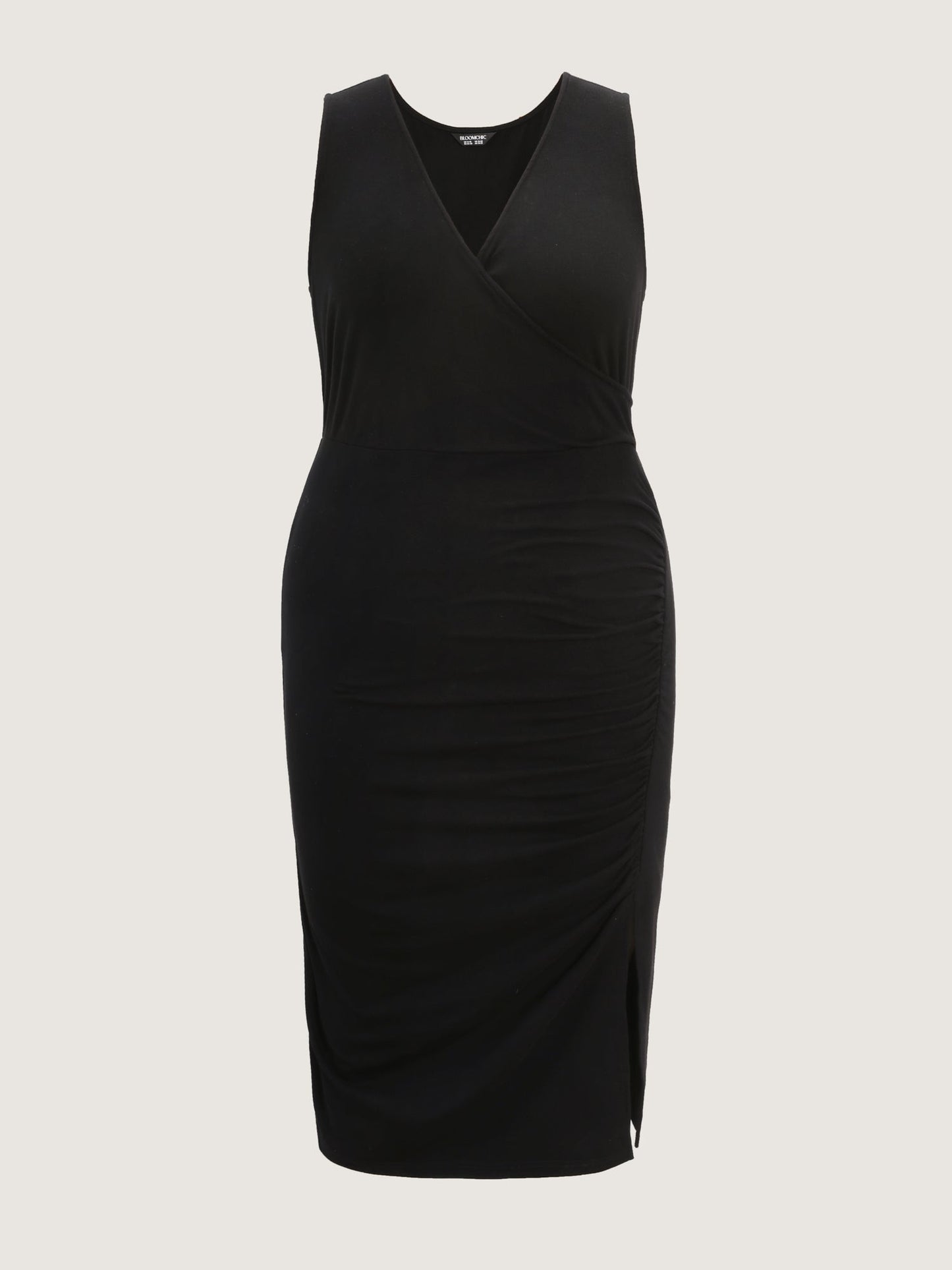 Ruched Side Slit V-Neck Midi Dress