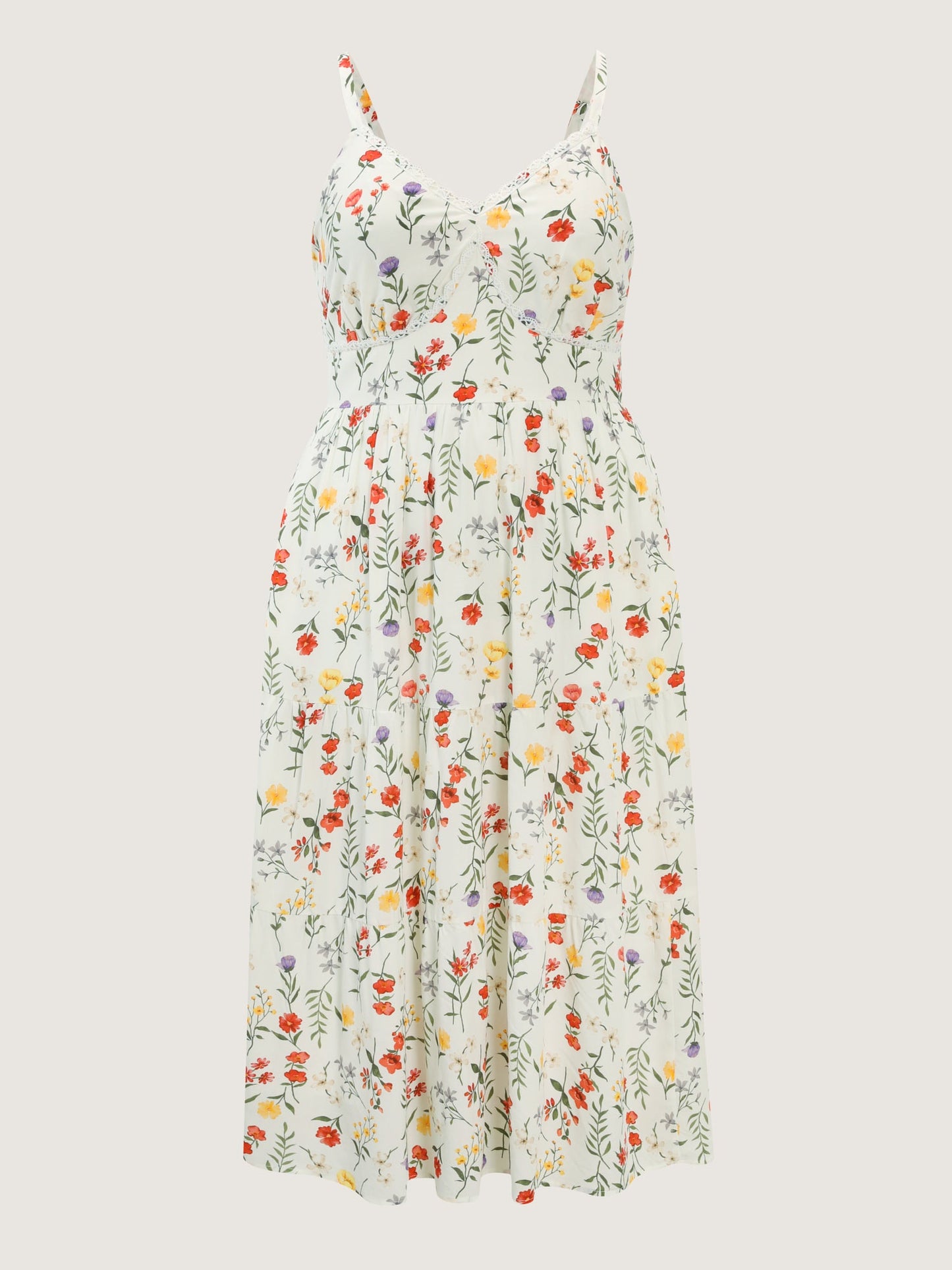 Floral Print Lace Trim Cinched Waist Midi Dress