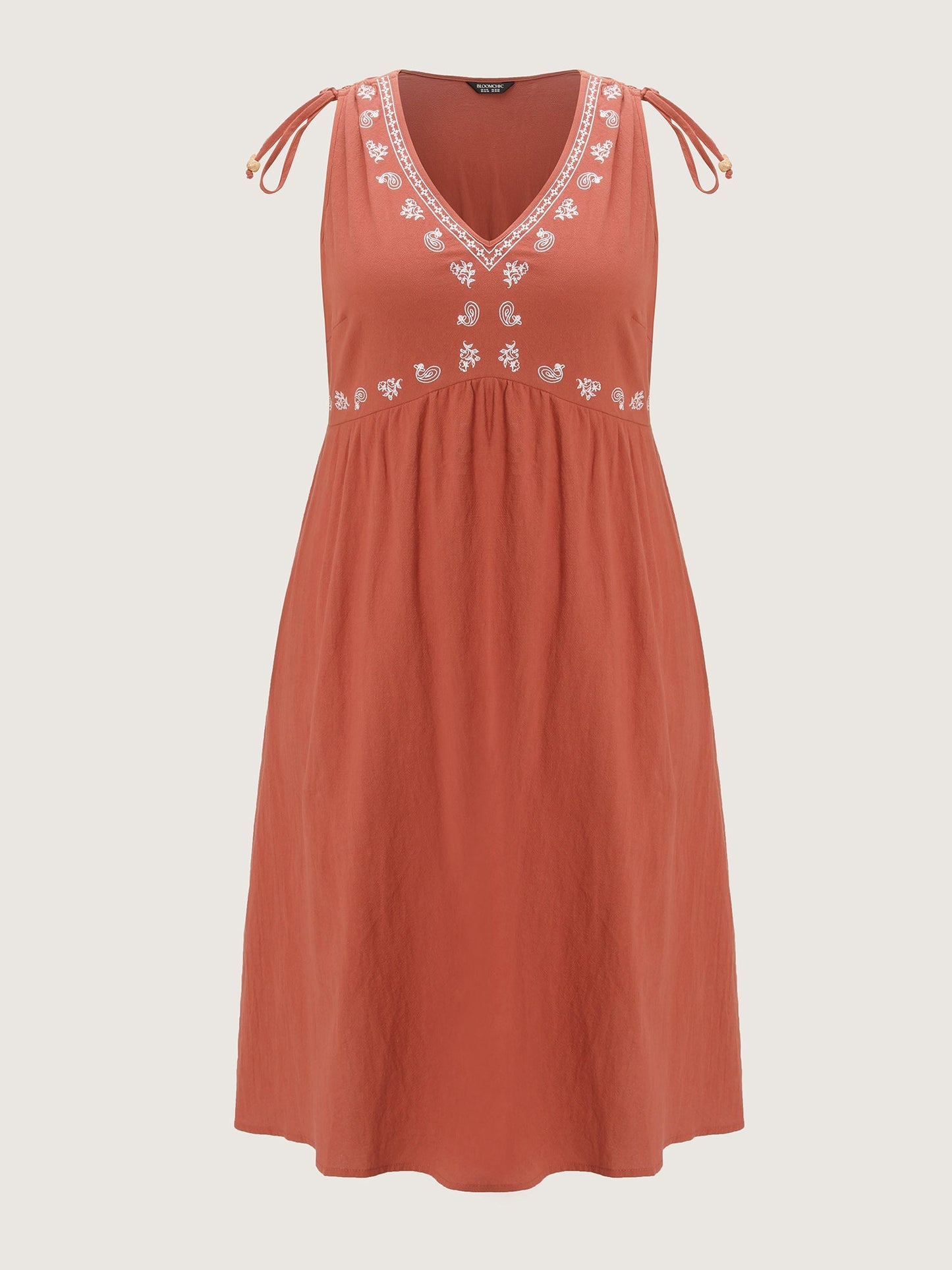 Pure Cotton Embroidered Adjustable Shoulder Midi Dress