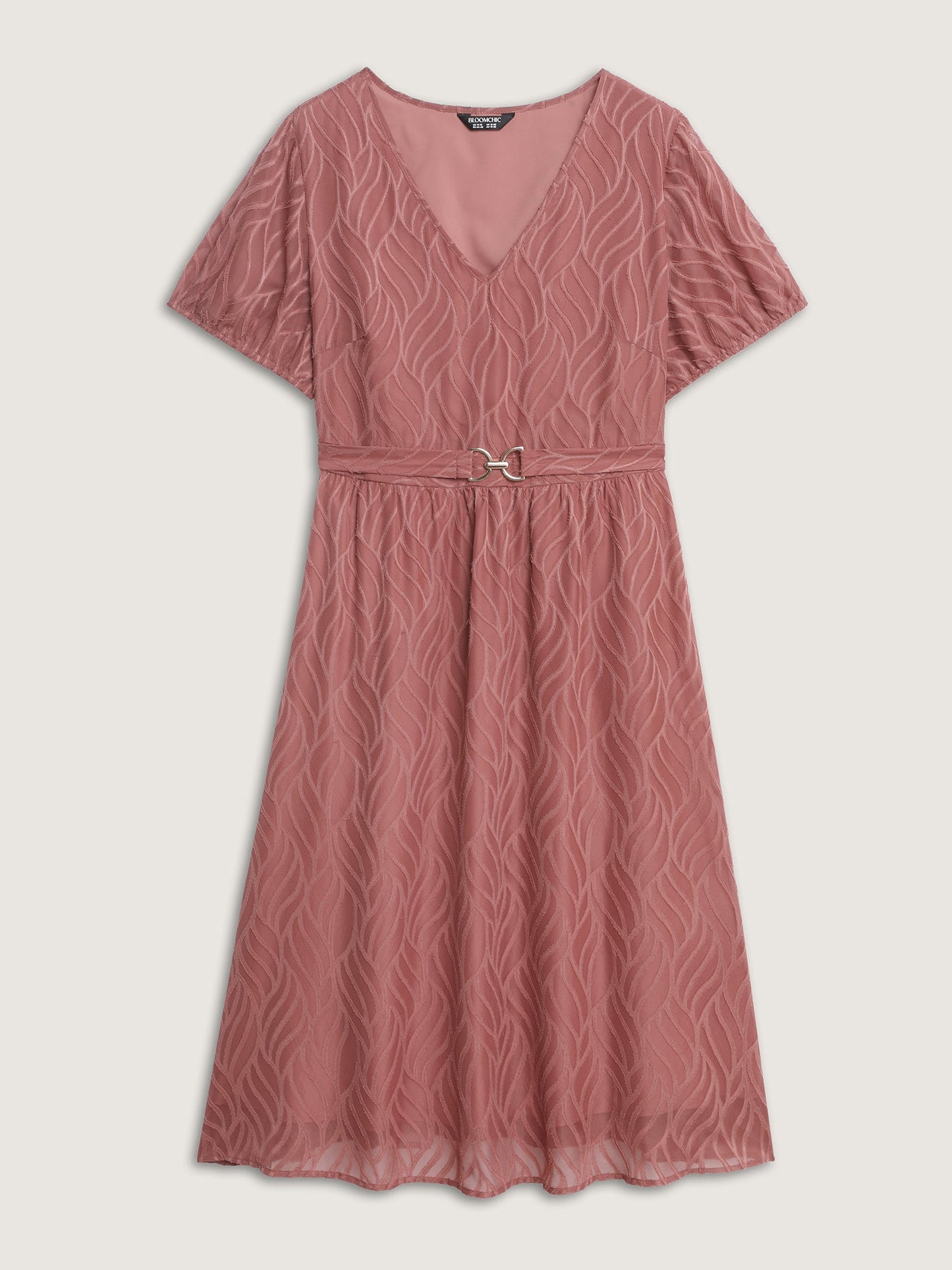 Plain Textured Belted V-Neck Midi Dress