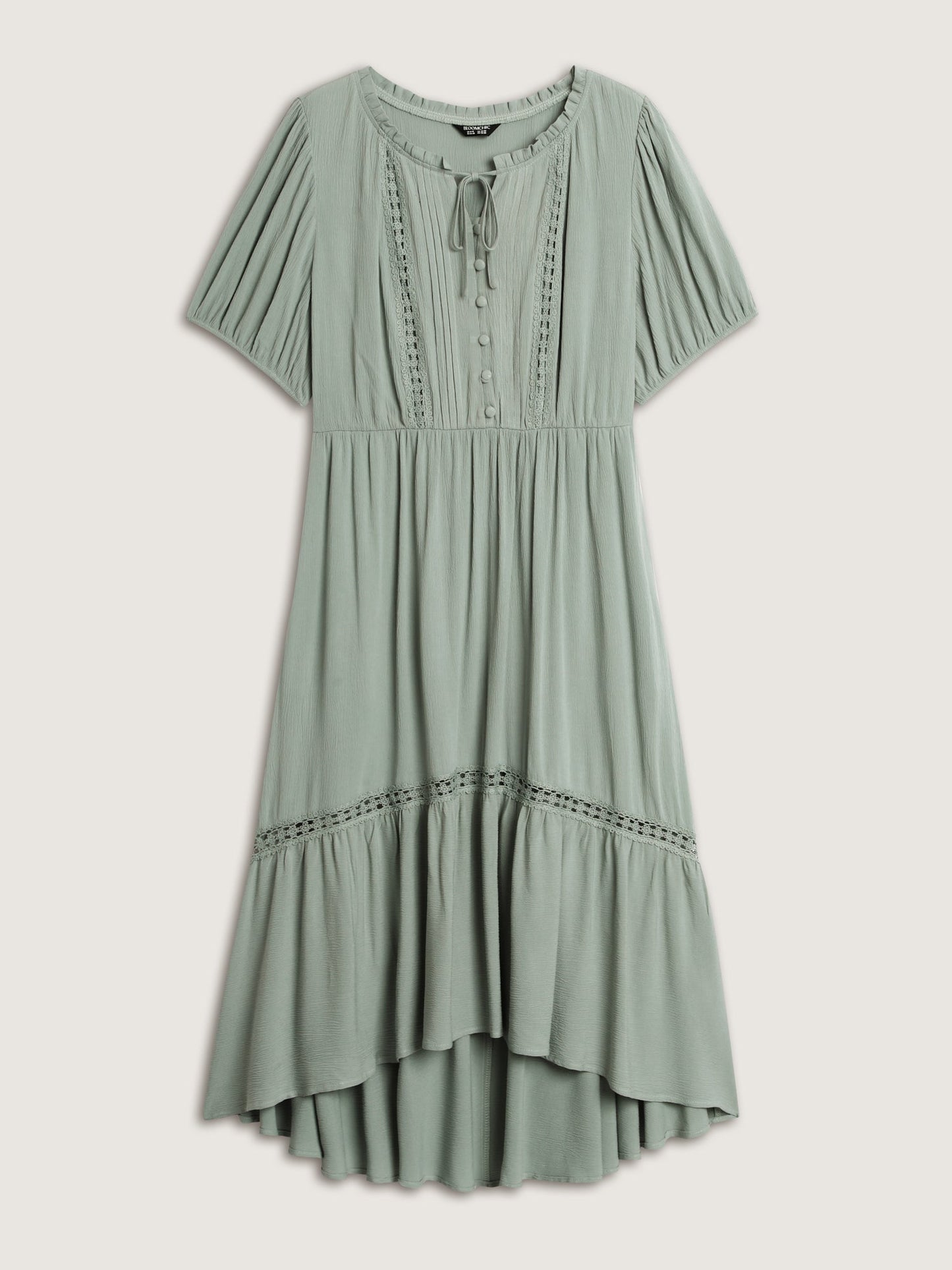 Lace Trim Drawstring Neckline Plain Midi Dress