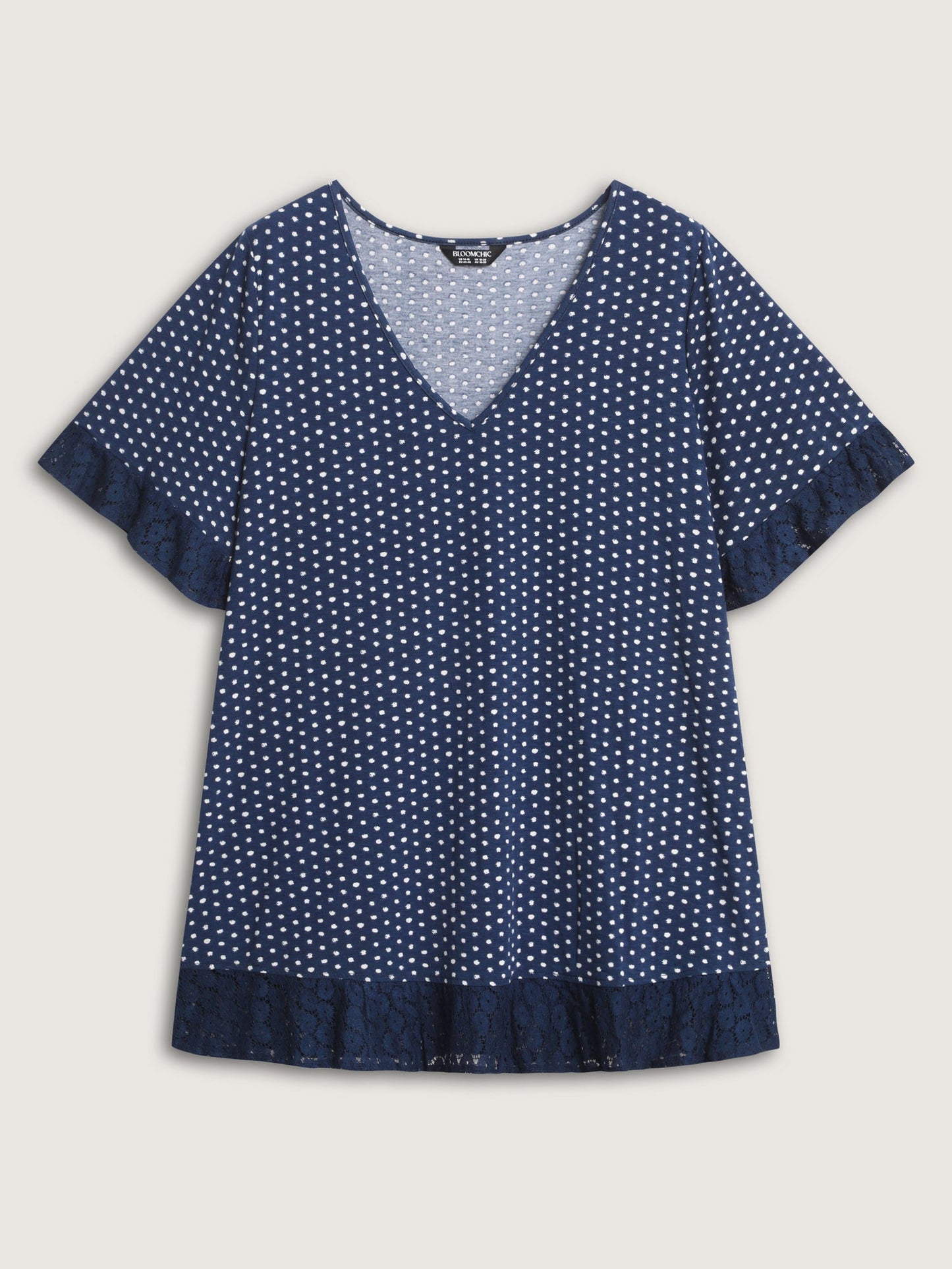 Polka Dots Print Lace Trim Knit Top
