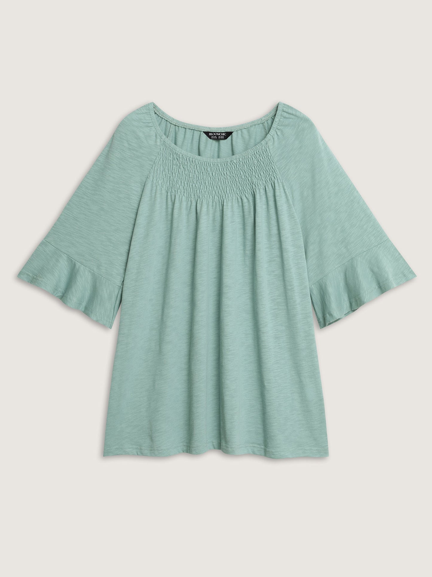 Ruffled Sleeve Shirred Neckline Plain Top