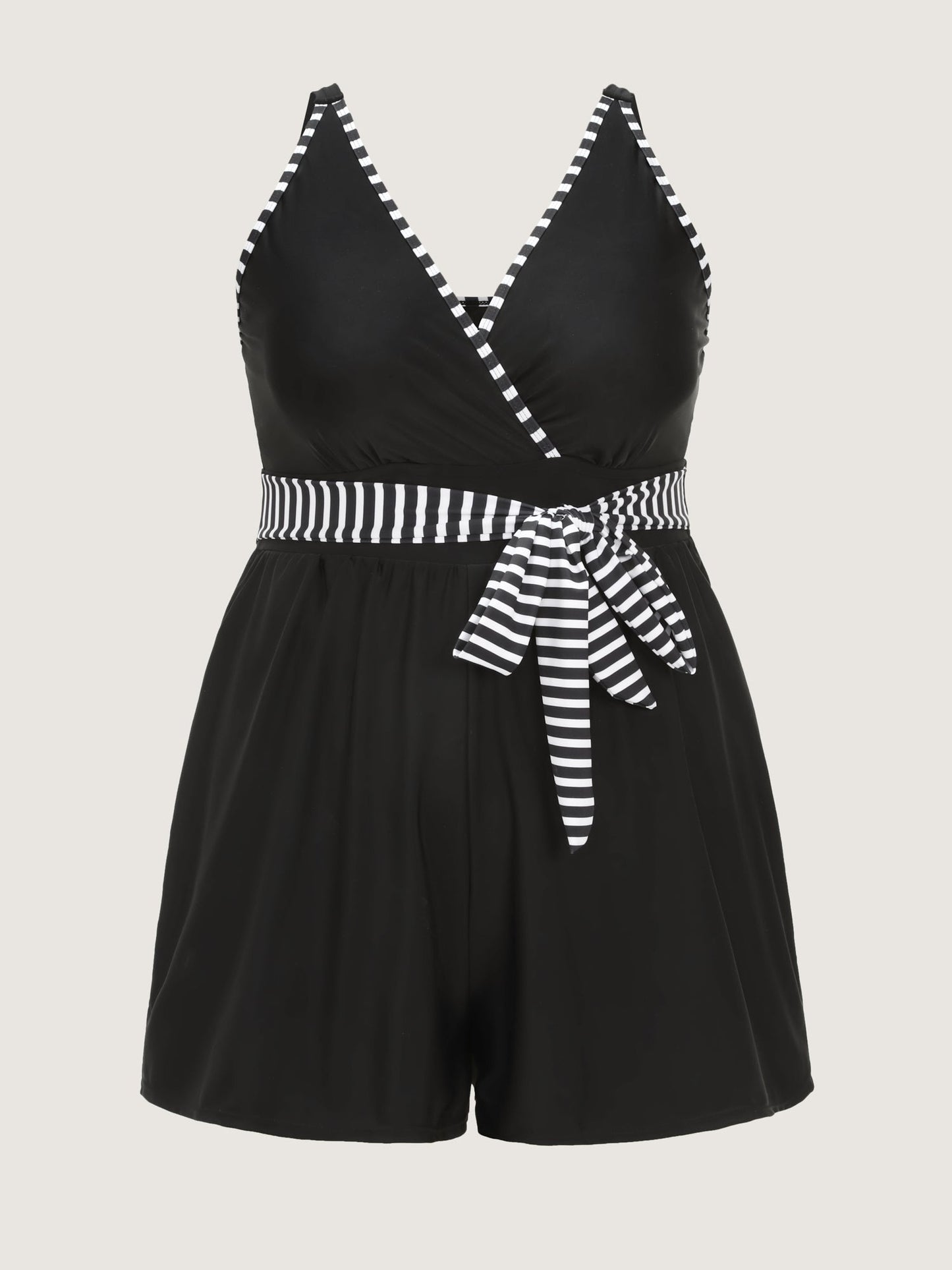 Monochrome Striped Belted One-Piece Swimsuit