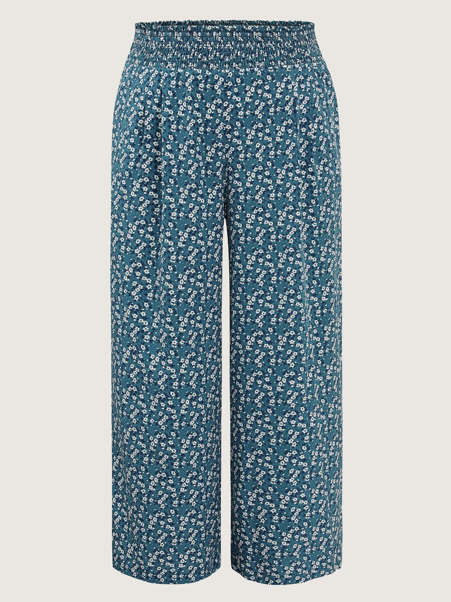 Micro Floral Print Wide Shirred Waistband Pants