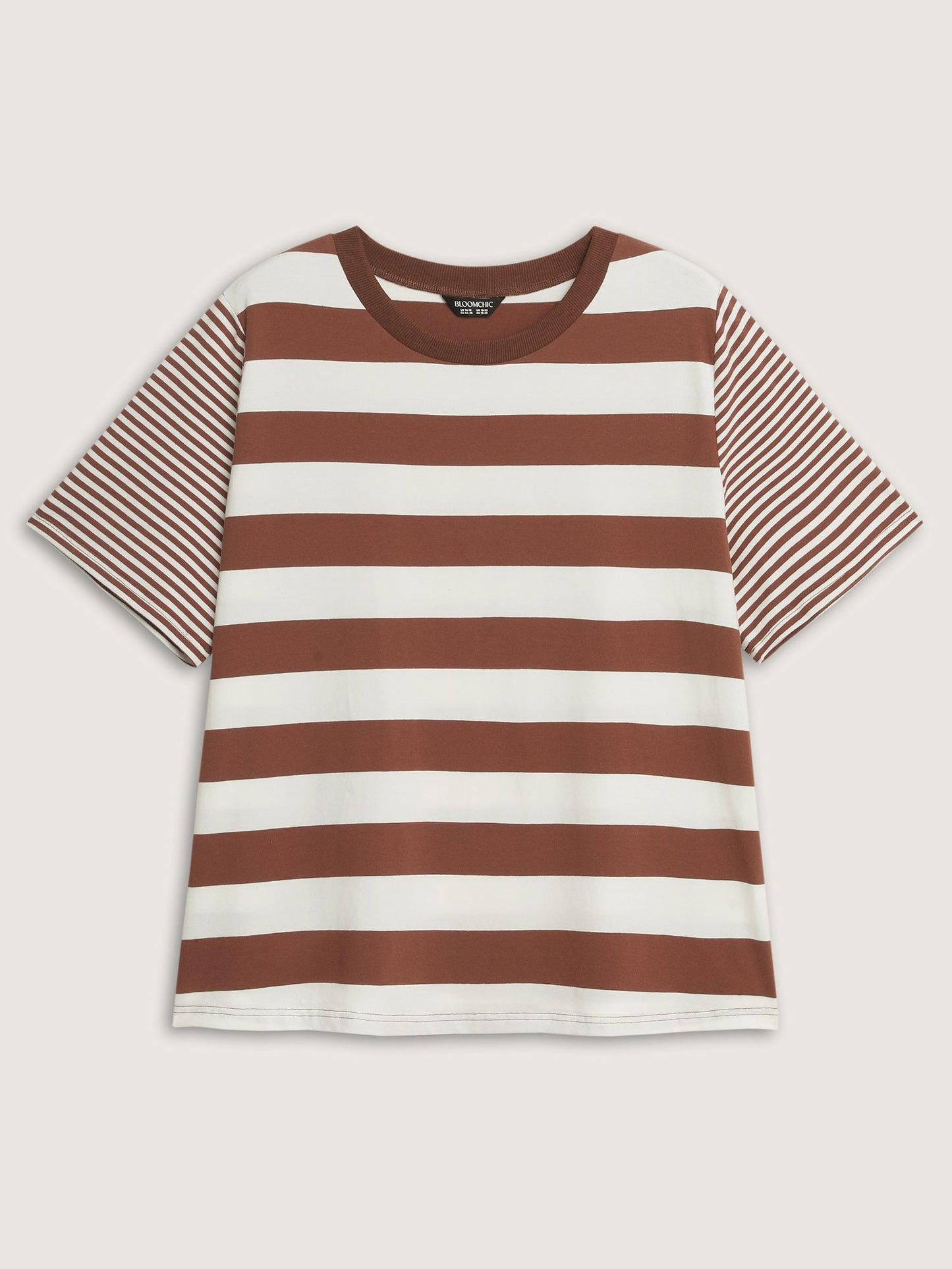 Cotton Striped Print Spliced Round Neck T-Shirt