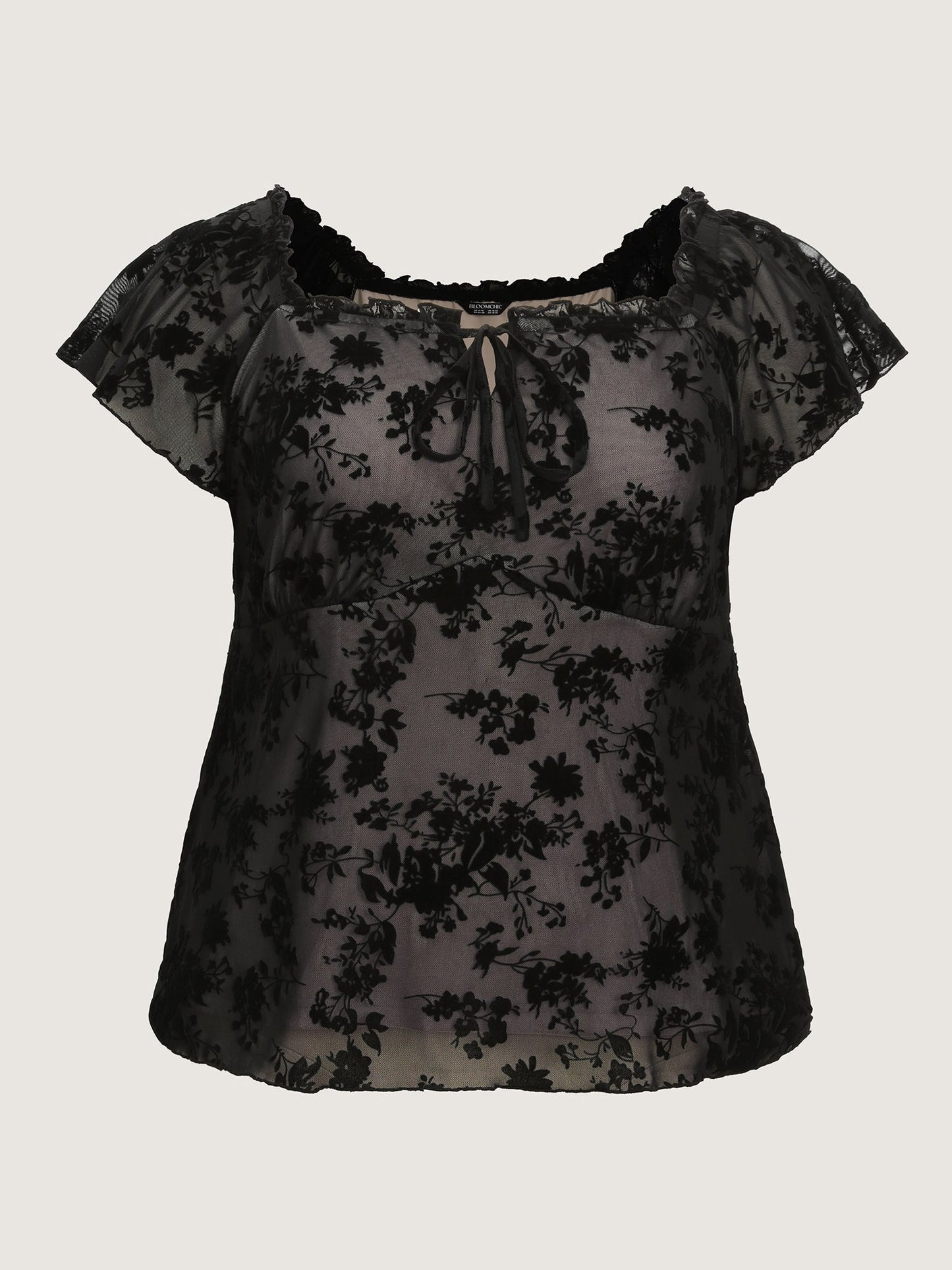 Flocked Floral Drawstring Neckline Knit Top