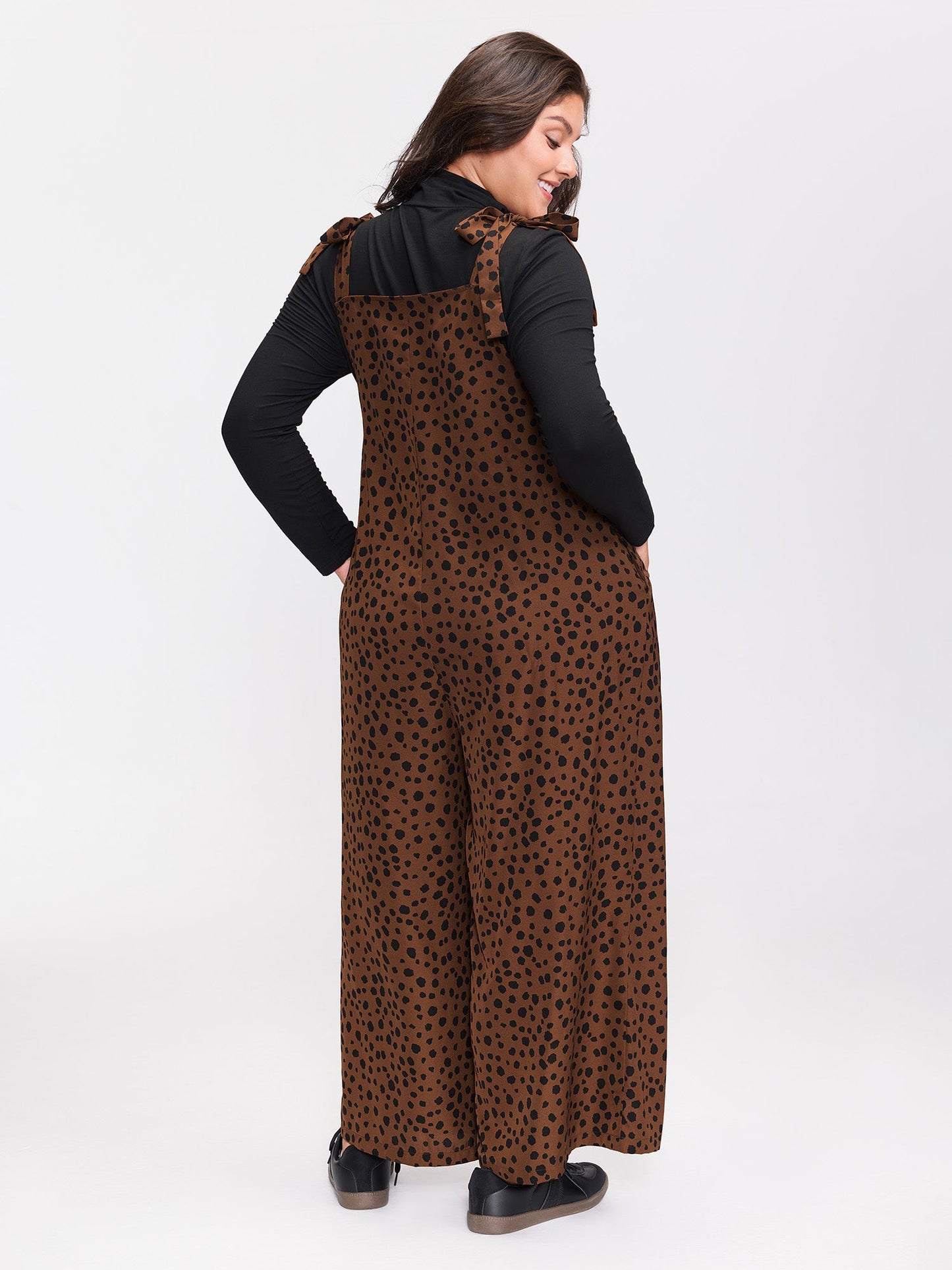 Leopard Print Shirred Shoulder Ties Jumpsuit