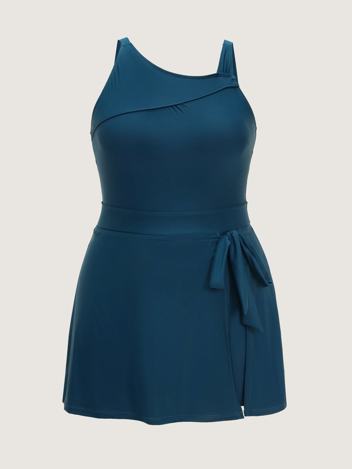 Asymmetrical High Neckline Knotted Swim Dress