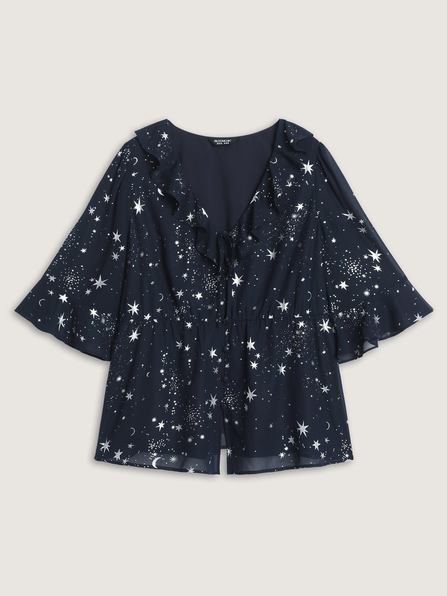 Gold Stamped Floral Print Lotus Leaf Blouse