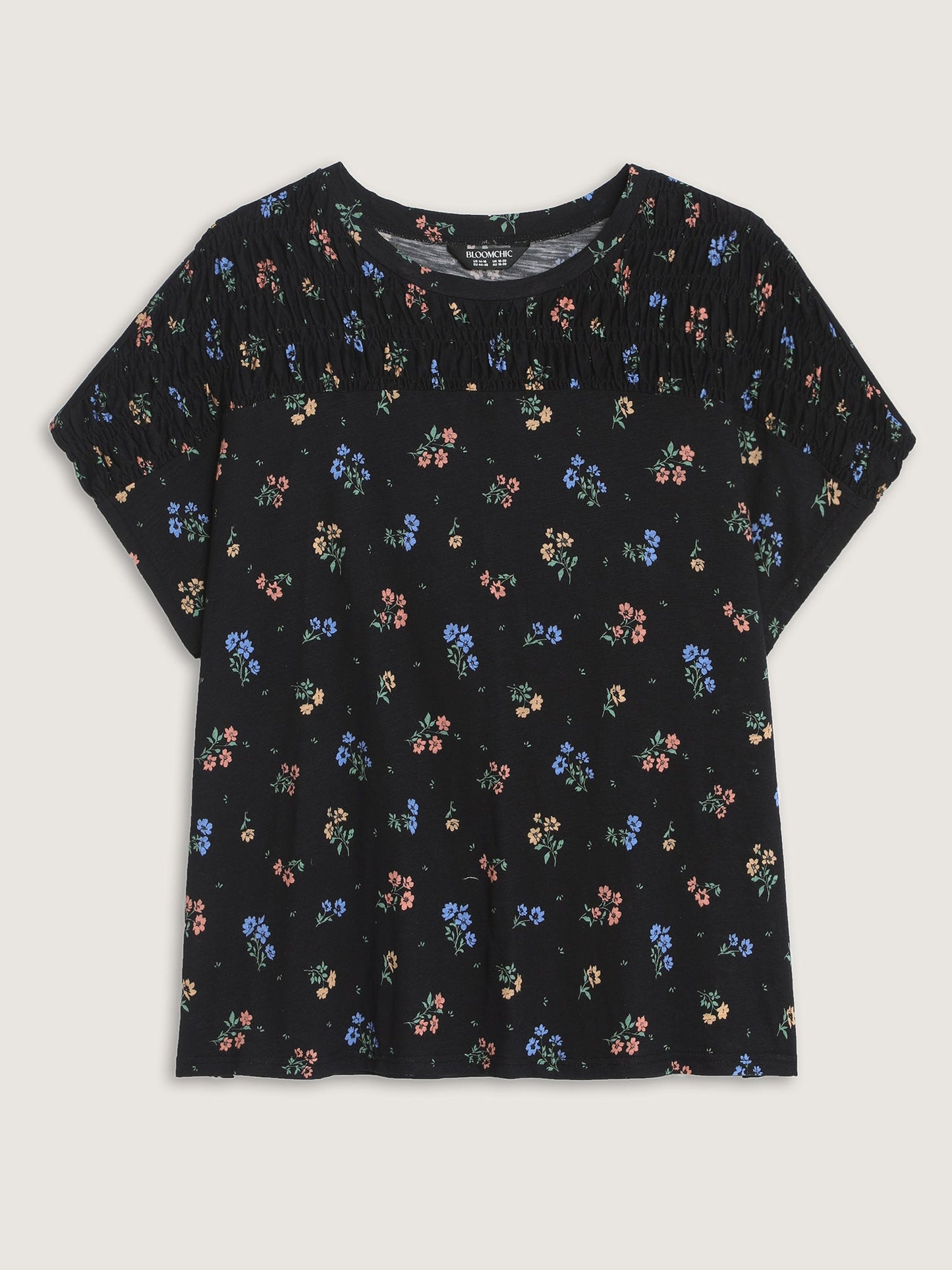 Cotton Floral Print Shirred Half-Sleeve T-Shirt