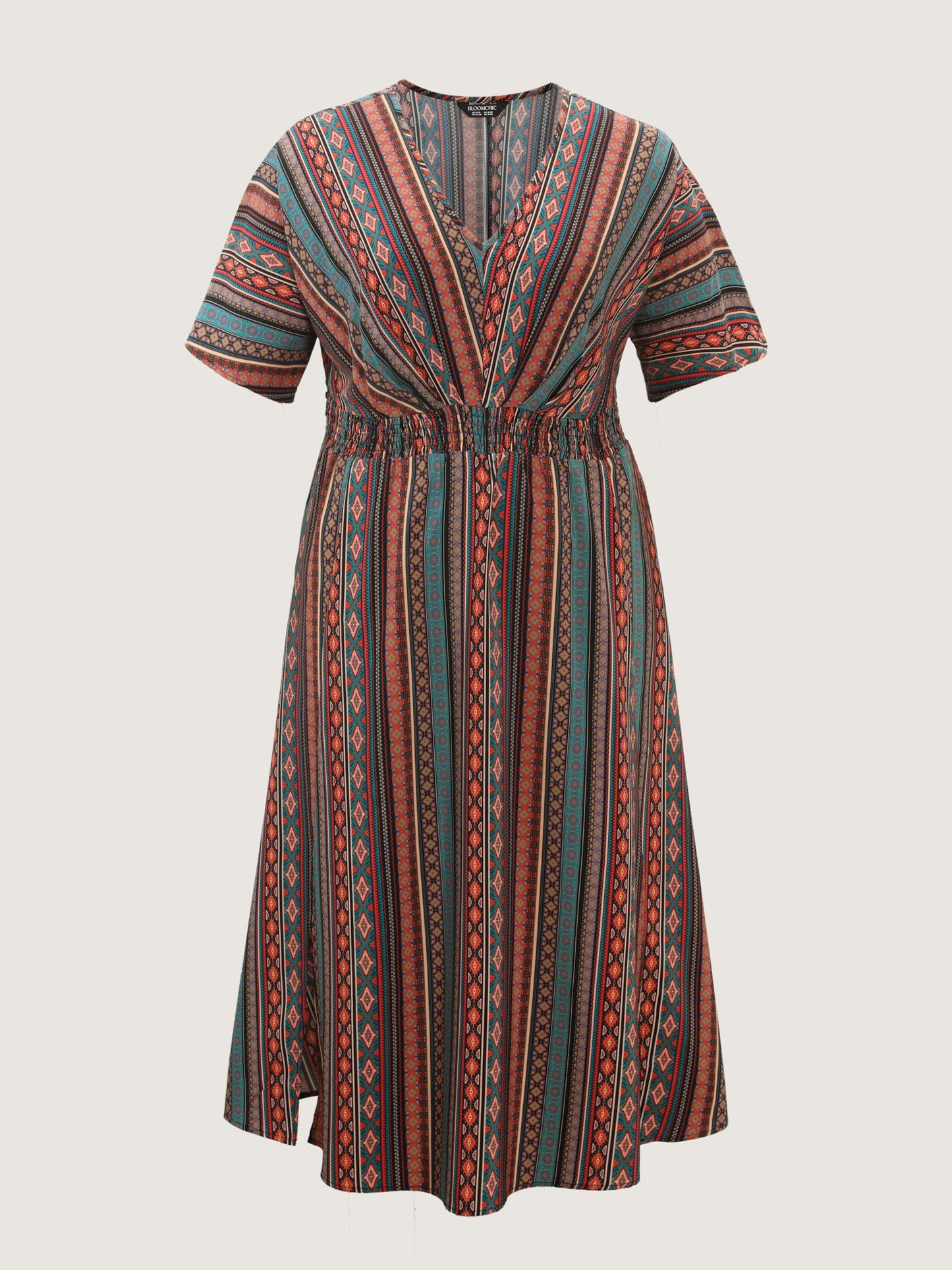 Boho Stripe Print Shirred Waist Midi Dress