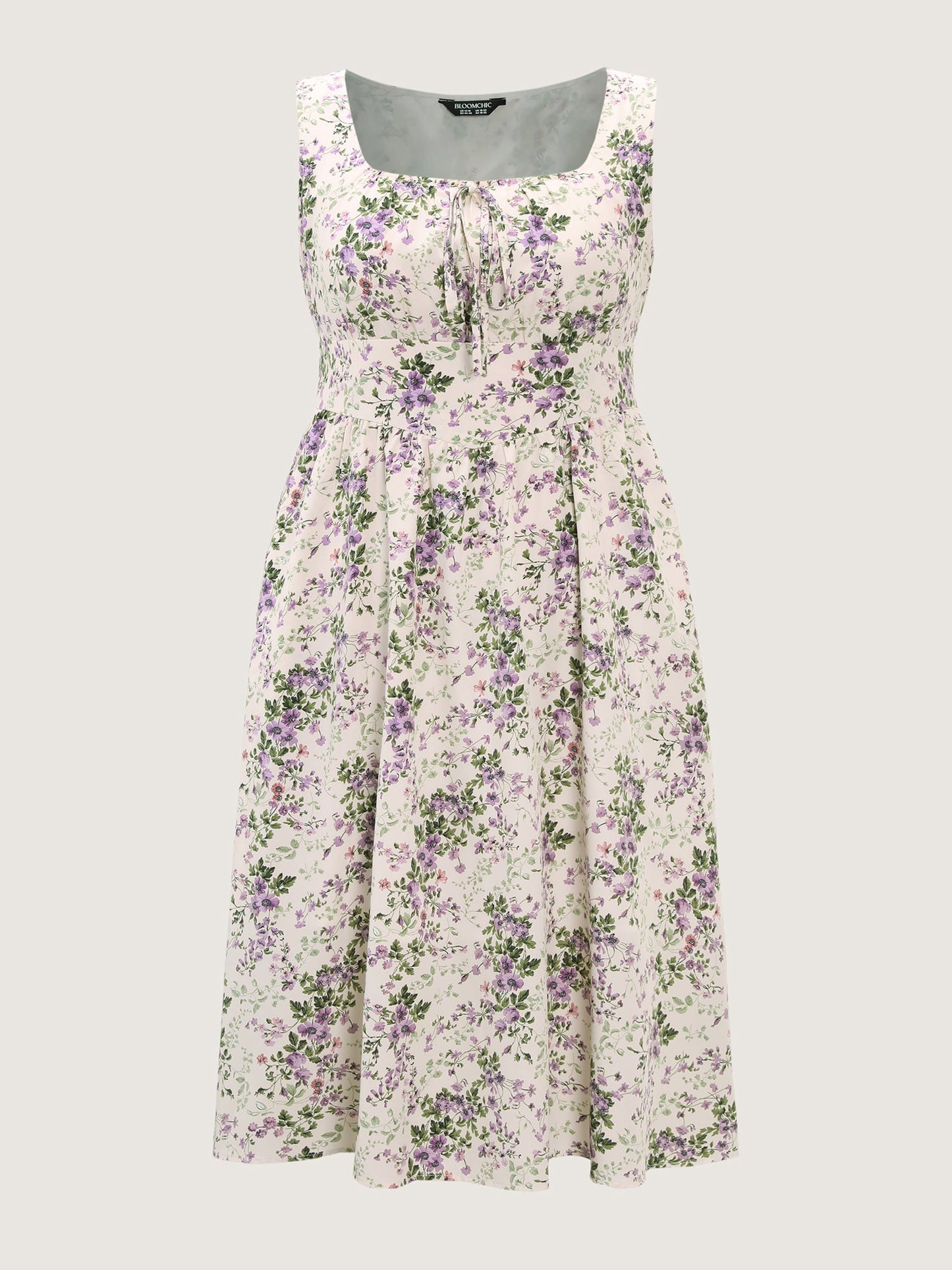 plus size Floral Print Adjustable Bust-Tie Pockets Midi Dress