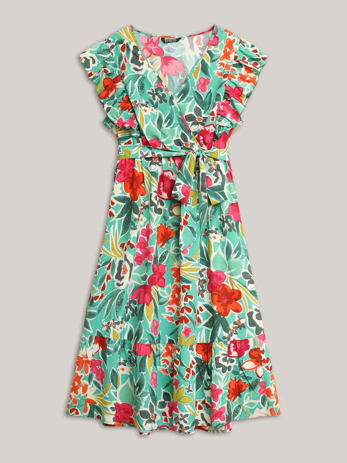 Floral Wrap Patchwork Ruffle Cap Sleeve Dress