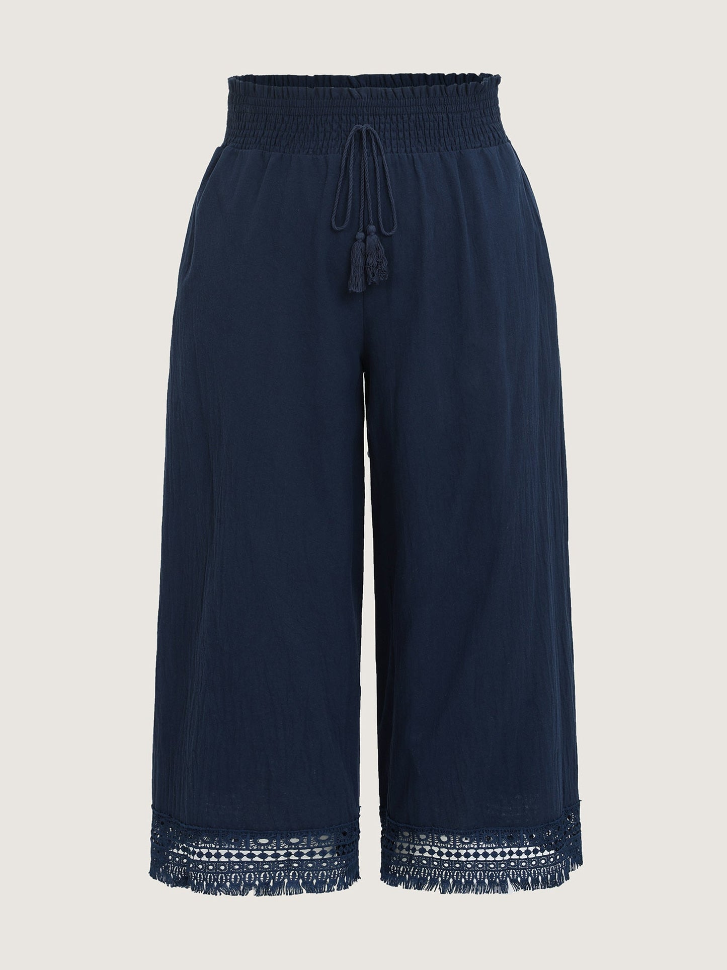Cotton Wide Shirred Waistband Lace Hem Pants