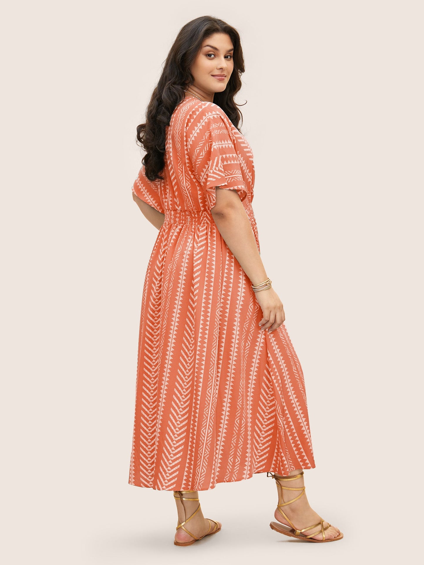 plus size Solid Geometric Dolman Sleeve Pocket Shirred Split Hem Dress