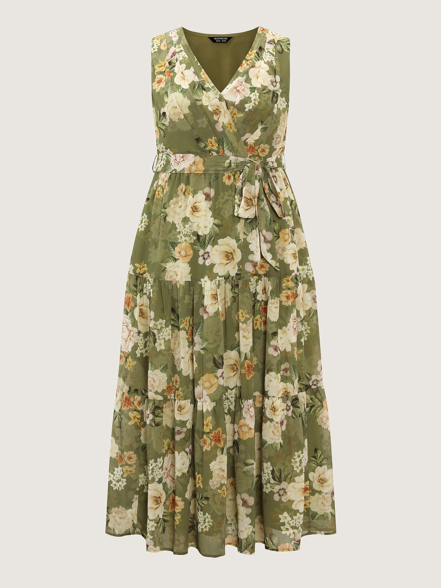 plus size Large Floral Print Waist-Tie Tiered Maxi Dress