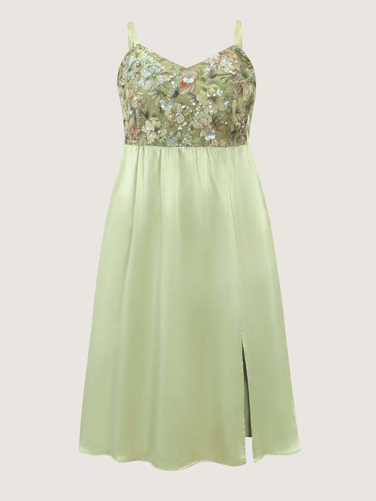 Sequin Floral Embroidered Satin Slit Hem Midi Dress