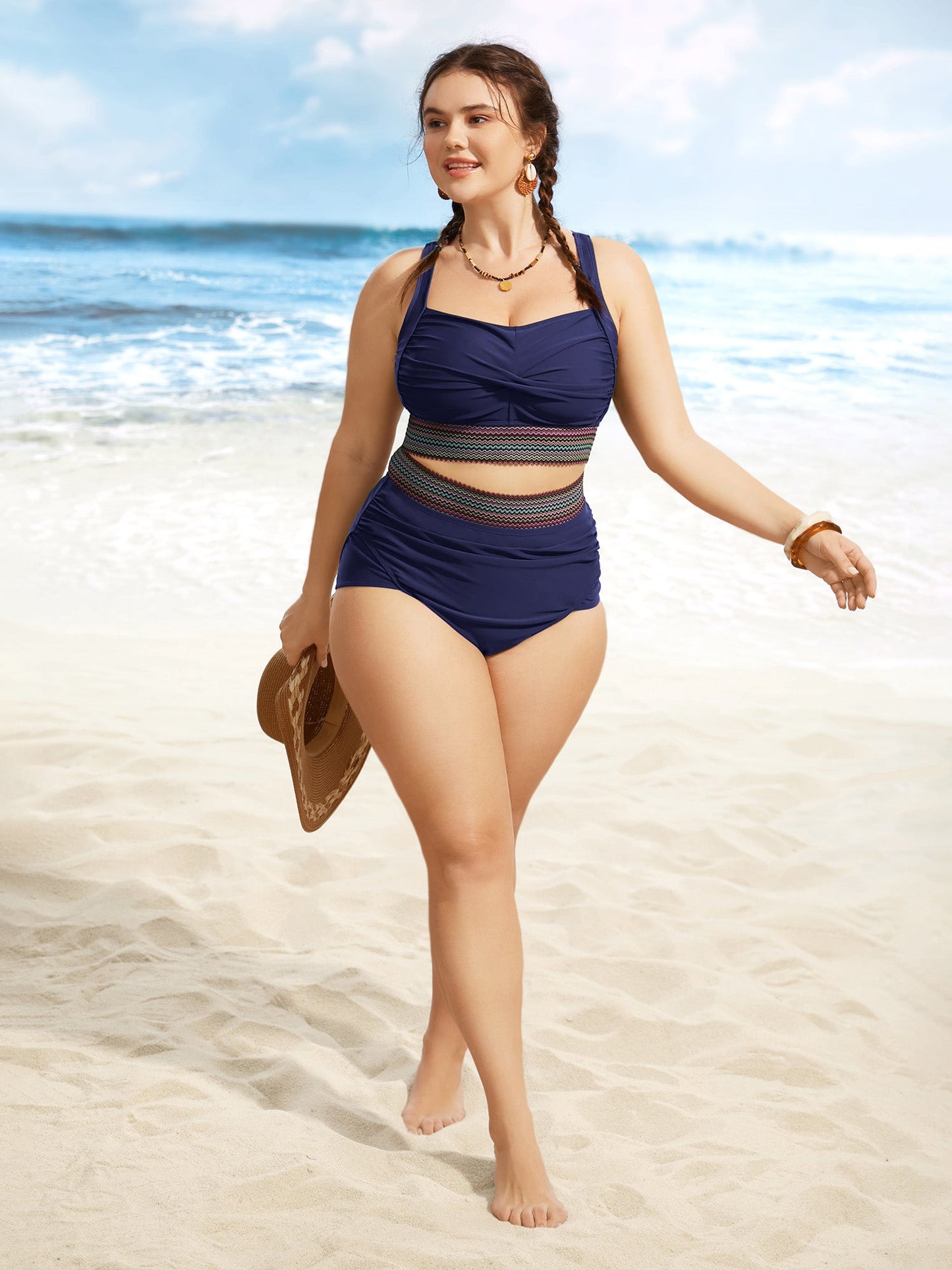 Twist Front Patchwork Woven Ribbon Swim Top