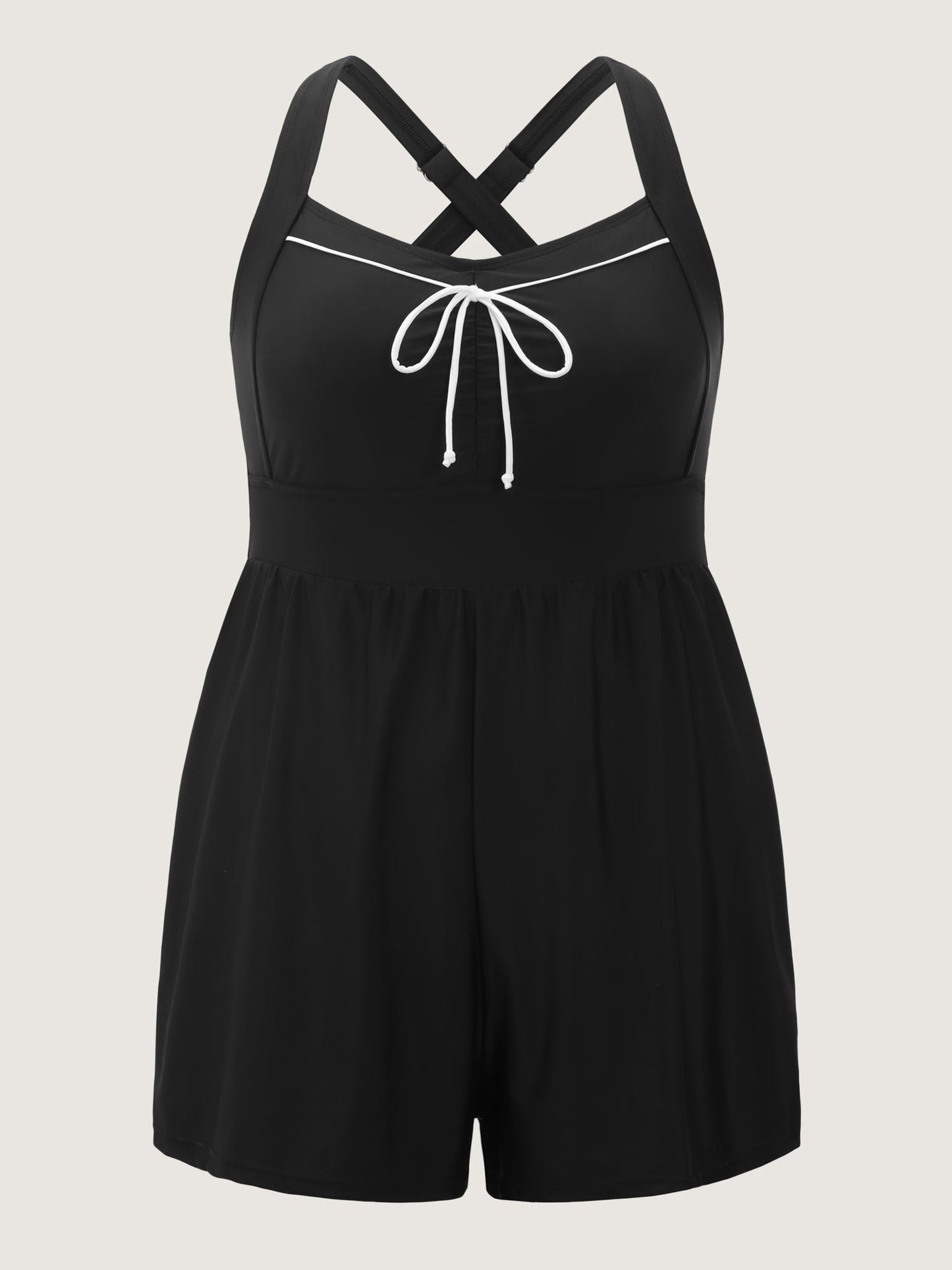 Bow-Tie Color Contrast Shirred Swim Romper