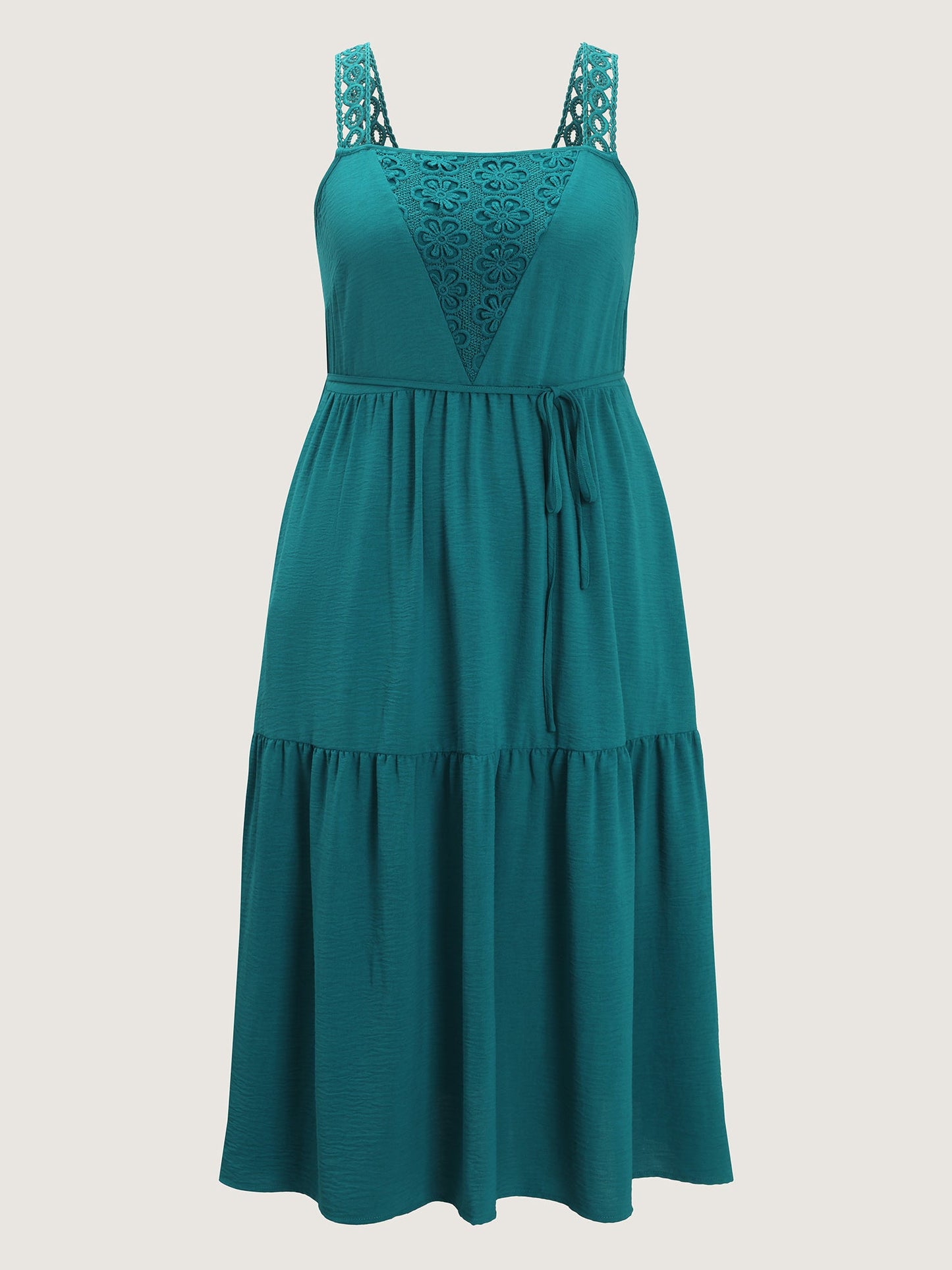 Floral Lace Textured Neckline Wide Strap Midi Dress