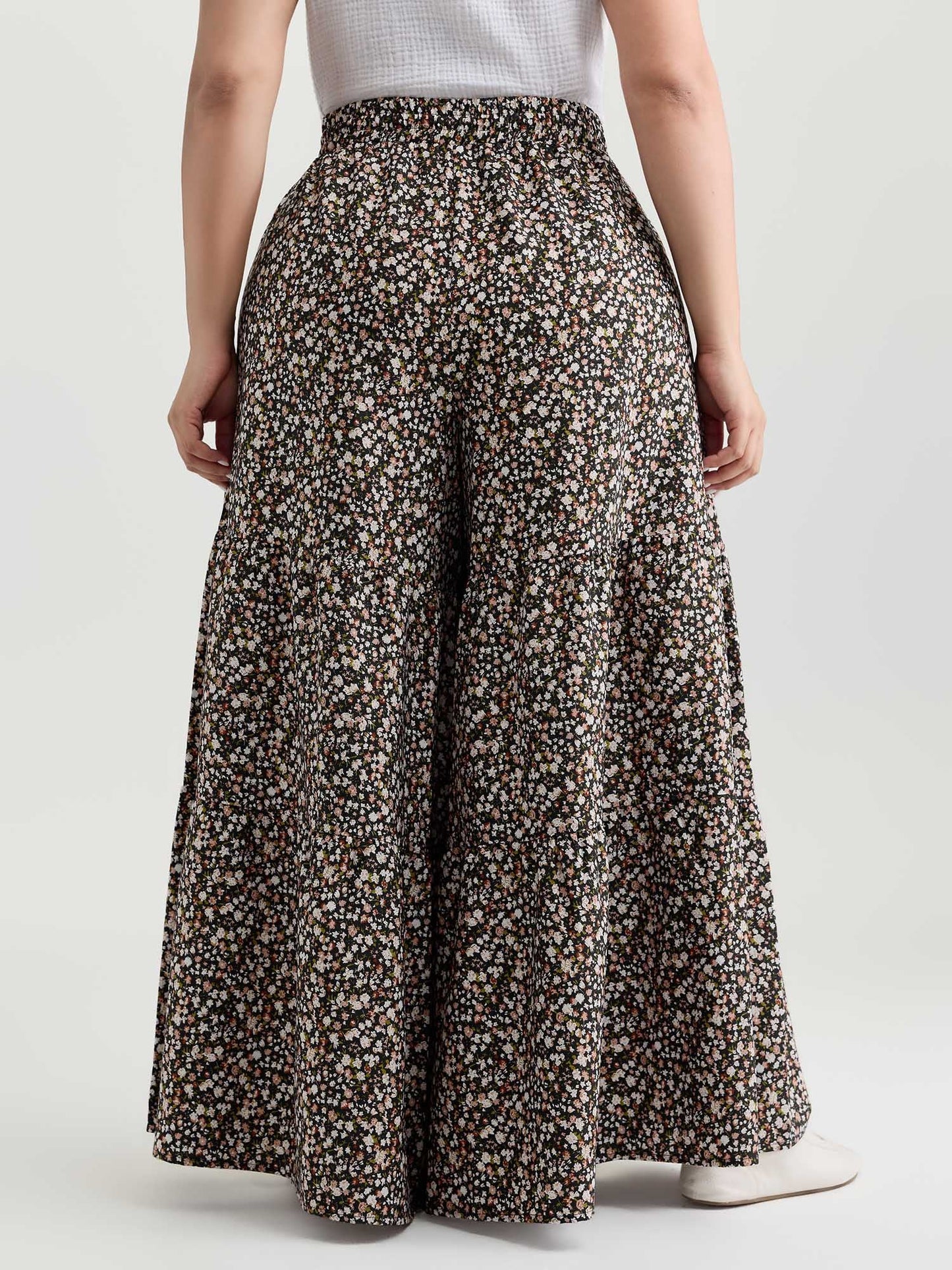 Micro Floral Print Wide Waistband Pants