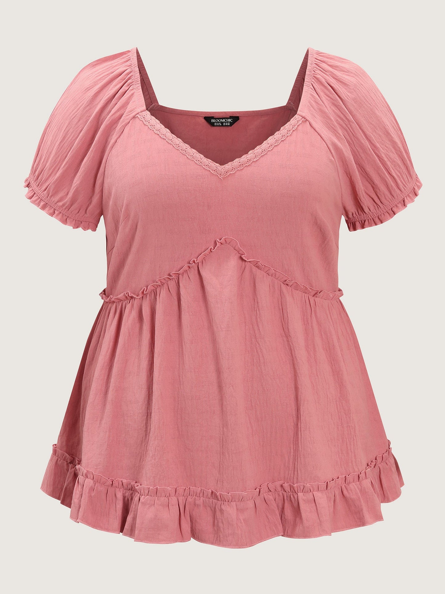 Lace Trim Ruffled Hem Plain Blouse