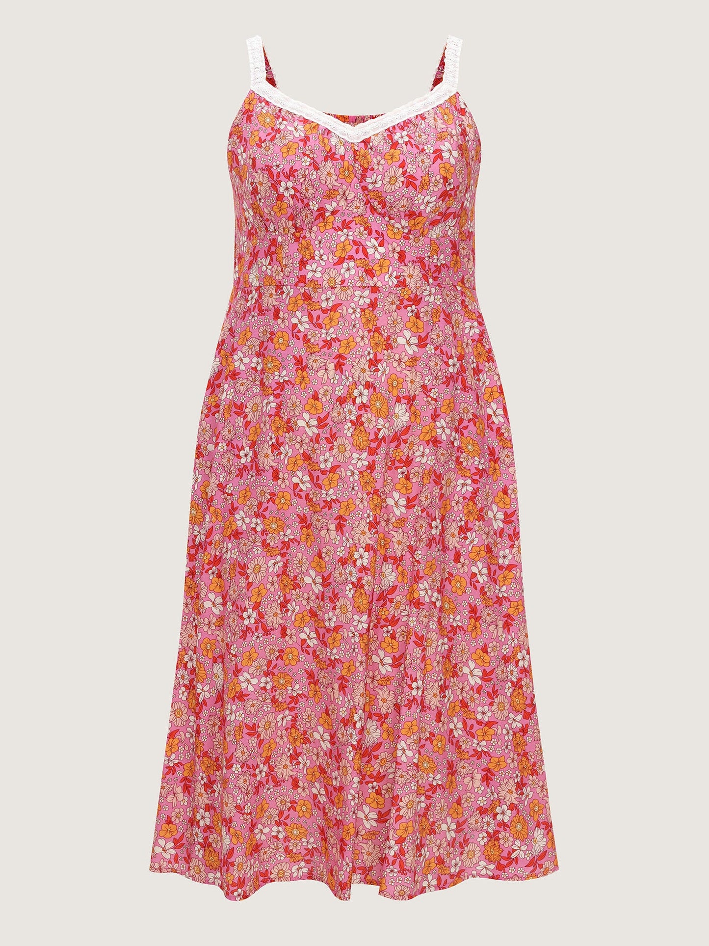 Bright Floral Print Lace Neckline Midi Dress