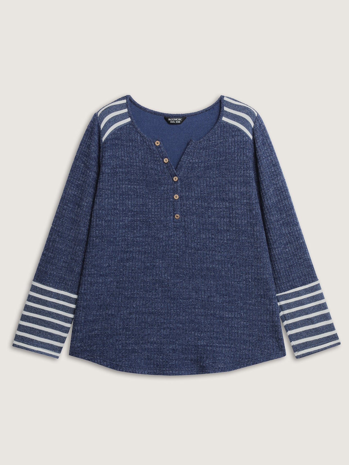 Ribbed Stripe Button Placket T-Shirt