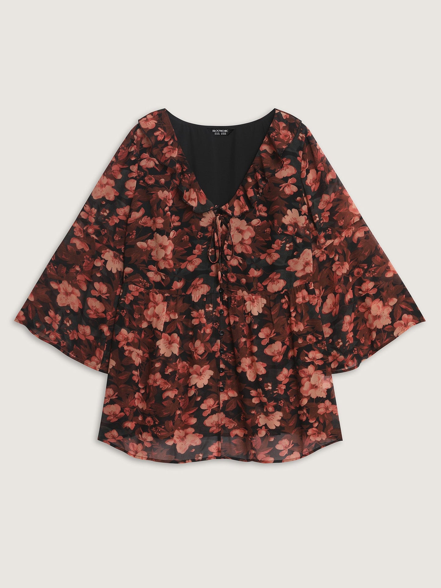 Floral Print Ruffled Neckline Blouse