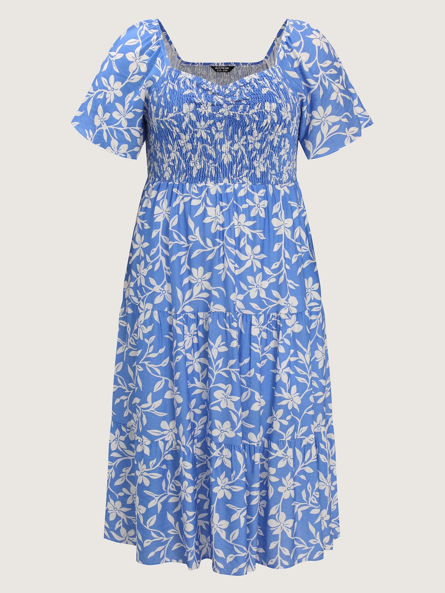 Silhouette Flower Print Shirred Pockets Midi Dress