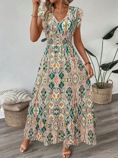 Women's V Neck Ruffle Hem A-Line Dress, Elegant All over Print, Elastic Waist, Moderate Fabric, Casual Vacation Wear