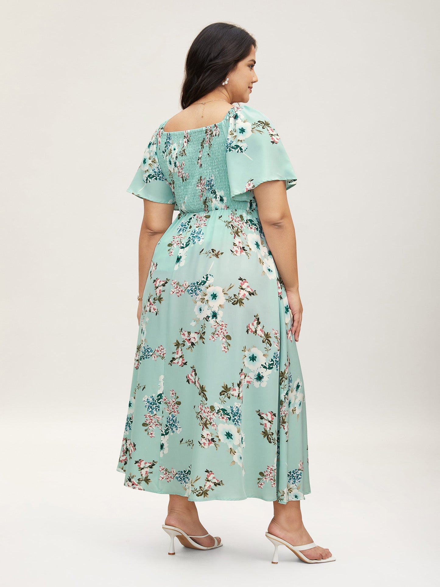 plus size Floral Square Neck Ruffles Pocket Shirred Split Dress