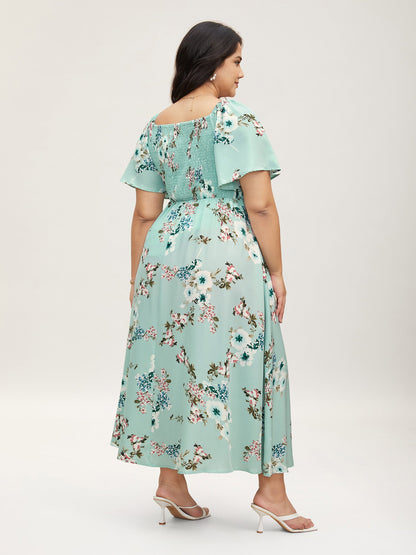 plus size Floral Square Neck Ruffles Pocket Shirred Split Dress