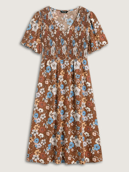 Fall Florals Shirred Bodice Midi Dress