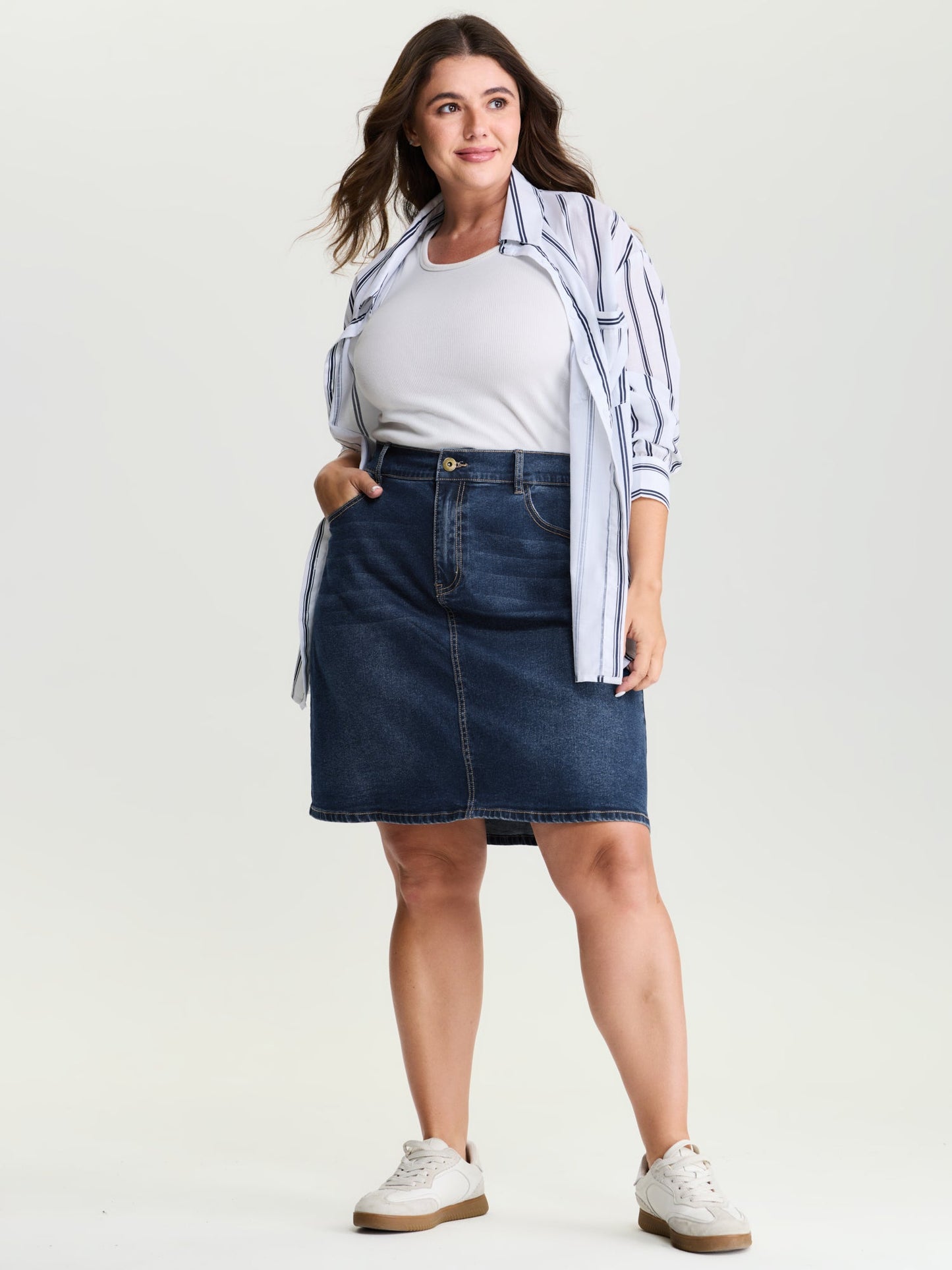 Stretchy Bootcut Seamed Denim Skirt