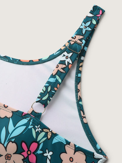 Floral Print Color Contrast Swim Top
