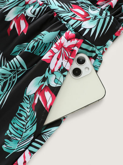 plus size Tropical Flower Print Pockets One-Piece Swimsuit