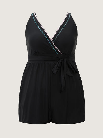Embroidered Color Contrast Pockets One Piece Swimsuit