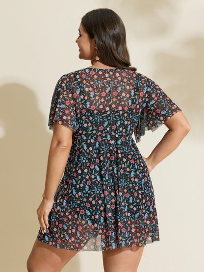 Colorful Sheer Floral Print Swim Dress